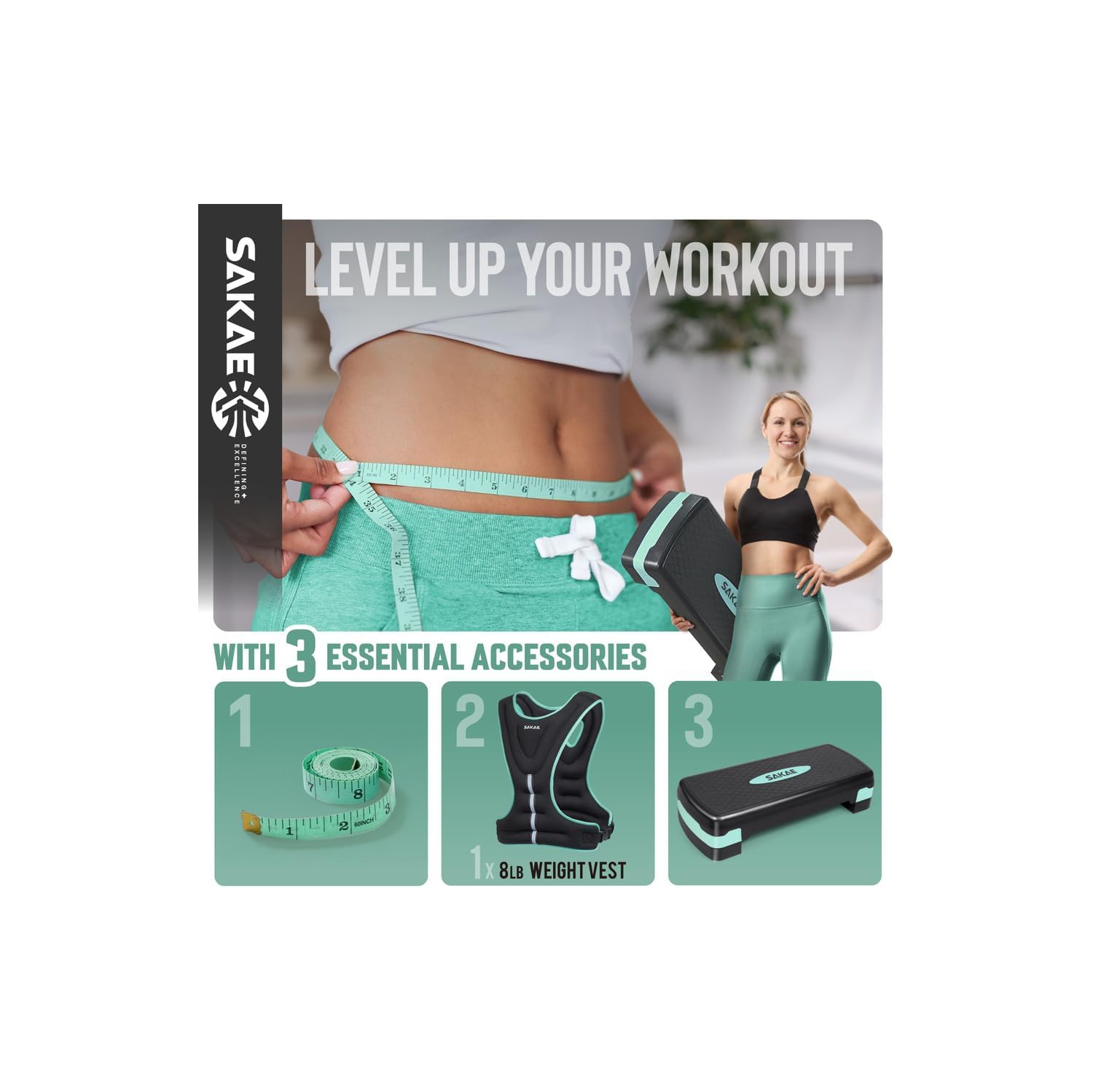 Ensemble de plateforme Aerobics de SAKAE avec veste lestée et ruban à mesurer, hauteur réglable à 2 niveaux, marche d'entraînement avec surface