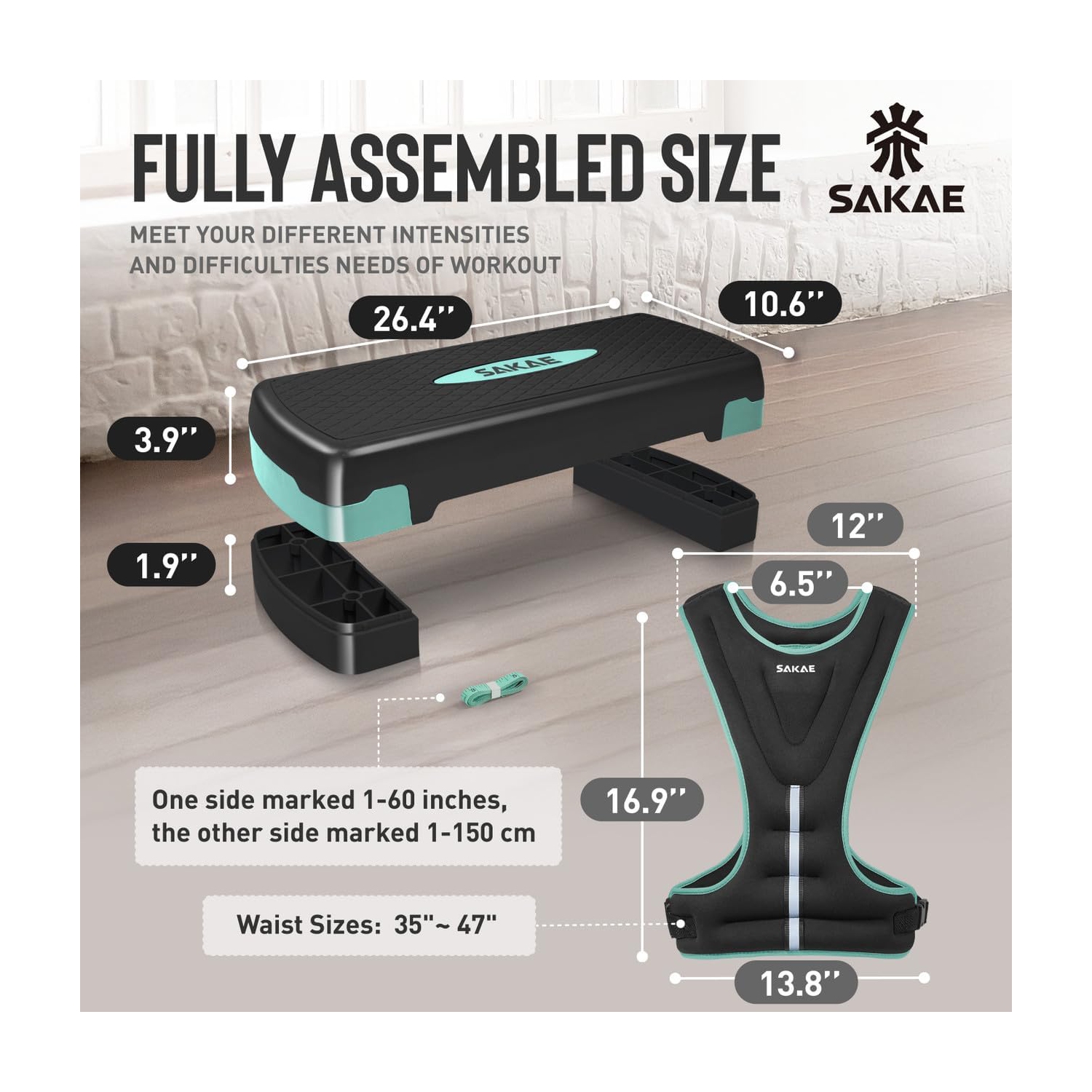Ensemble de plateforme Aerobics de SAKAE avec veste lestée et ruban à mesurer, hauteur réglable à 2 niveaux, marche d'entraînement avec surface