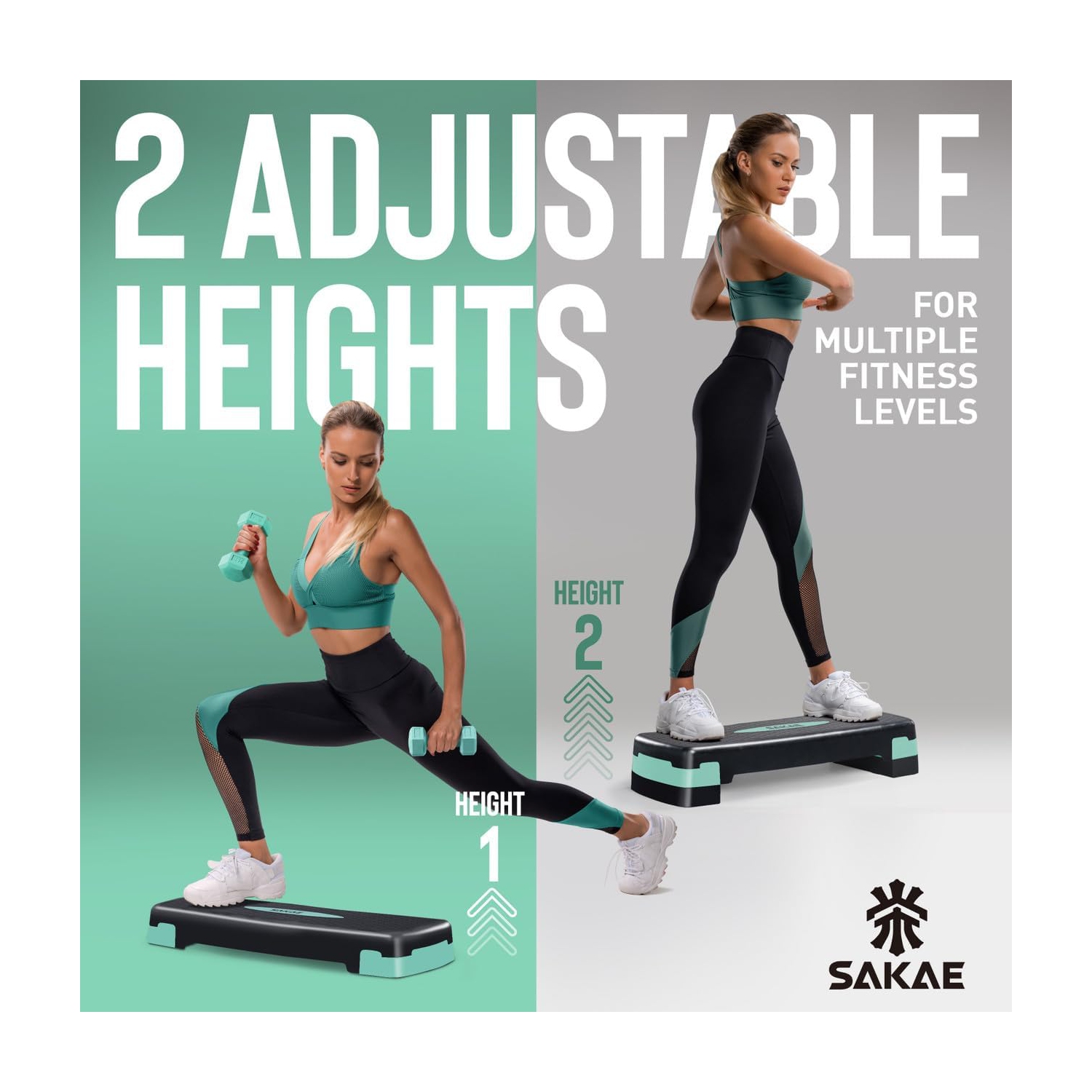 Ensemble de plateforme Aerobics de SAKAE avec veste lestée et ruban à mesurer, hauteur réglable à 2 niveaux, marche d'entraînement avec surface