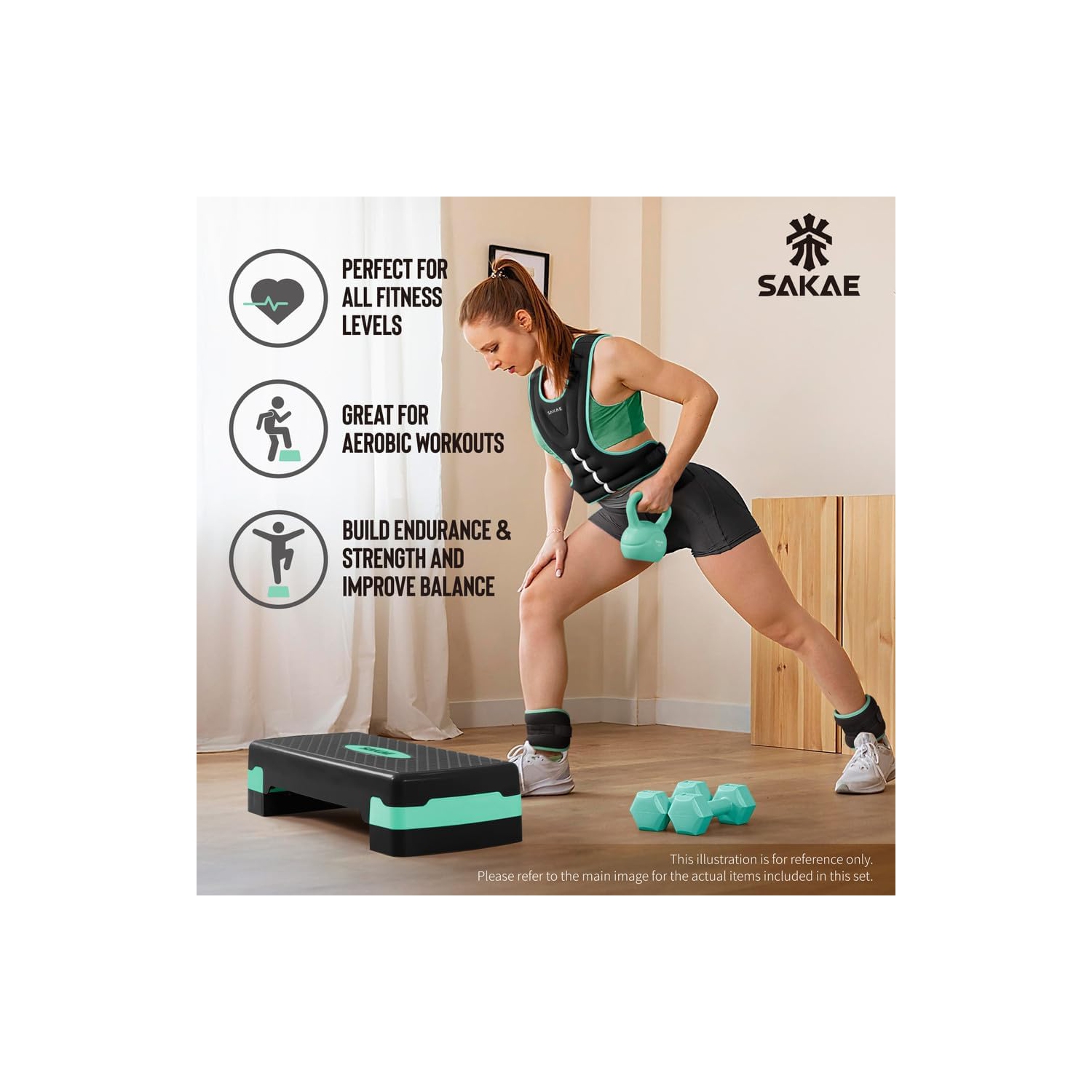 Ensemble de plateforme Aerobics de SAKAE avec veste lestée et ruban à mesurer, hauteur réglable à 2 niveaux, marche d'entraînement avec surface