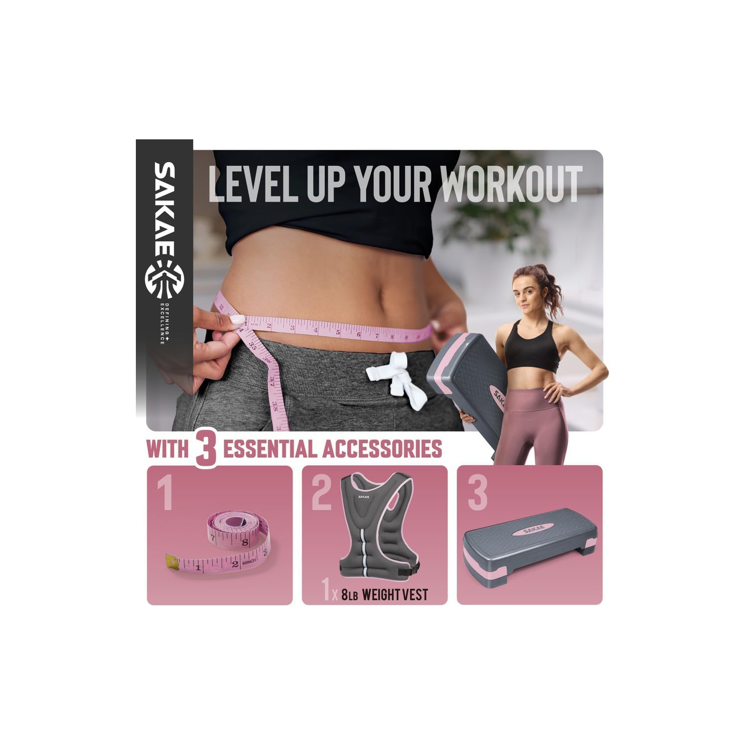 Plateforme Aerobics de SAKAE avec veste lestée et ruban à mesurer, hauteur réglable à 2 niveaux avec marche d'entraînement à surface antidérapante,