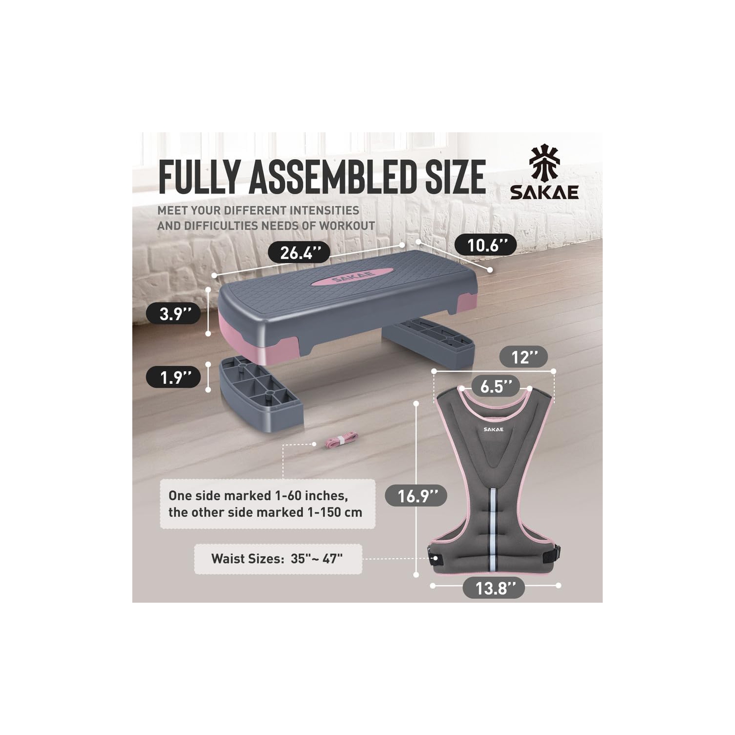 Plateforme Aerobics de SAKAE avec veste lestée et ruban à mesurer, hauteur réglable à 2 niveaux avec marche d'entraînement à surface antidérapante,