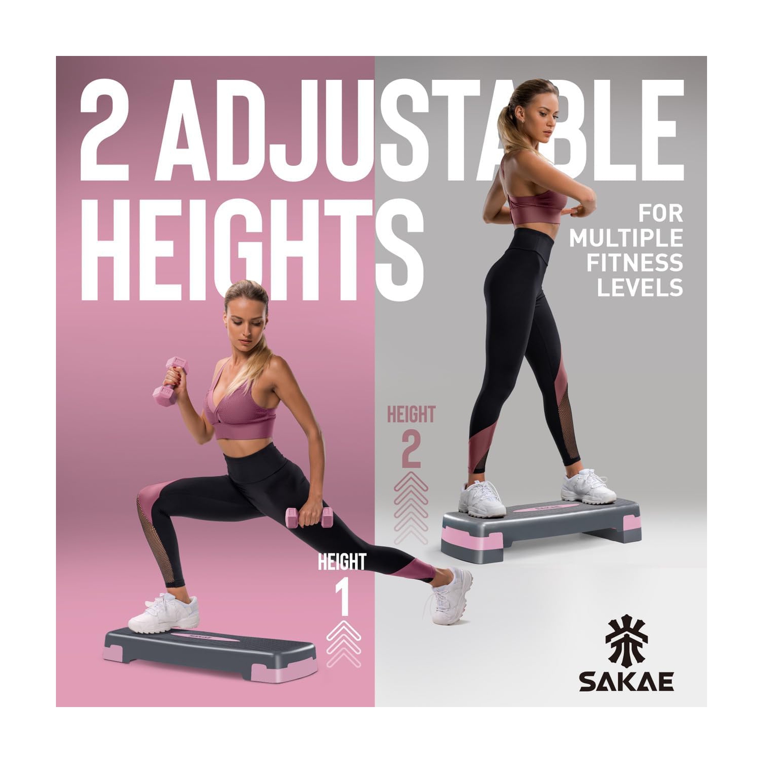 Plateforme Aerobics de SAKAE avec veste lestée et ruban à mesurer, hauteur réglable à 2 niveaux avec marche d'entraînement à surface antidérapante,