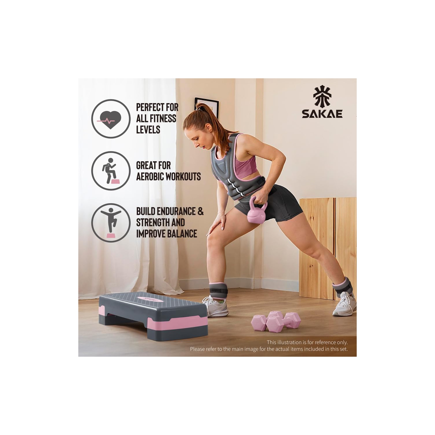 Plateforme Aerobics de SAKAE avec veste lestée et ruban à mesurer, hauteur réglable à 2 niveaux avec marche d'entraînement à surface antidérapante,