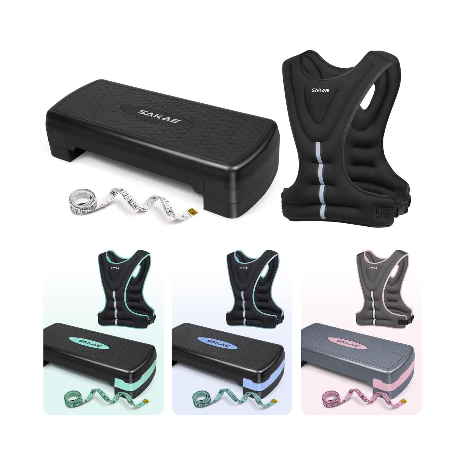 Ensemble de plateforme Aerobics de SAKAE avec veste lestée et ruban à mesurer, hauteur réglable à 2 niveaux, marche d'entraînement avec surface