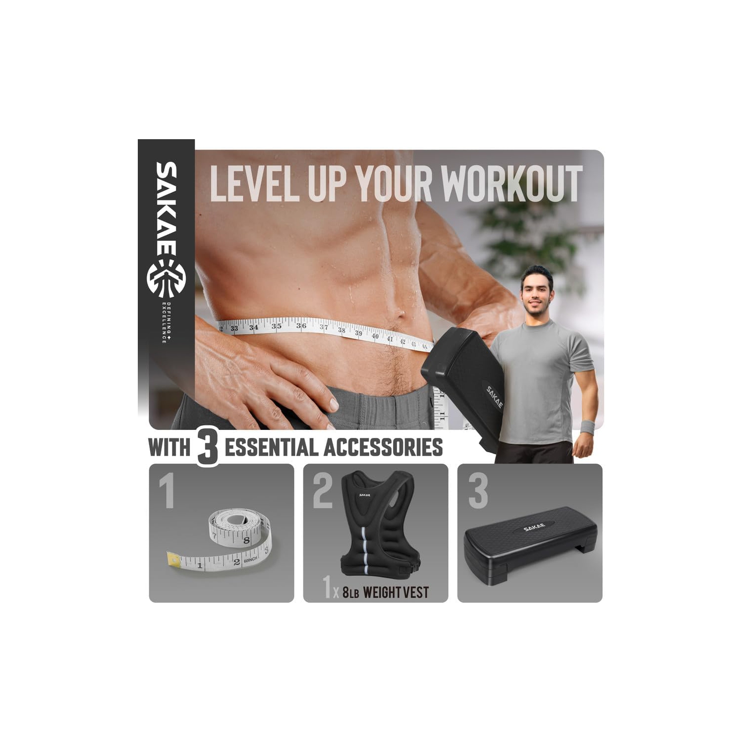 Ensemble de plateforme Aerobics de SAKAE avec veste lestée et ruban à mesurer, hauteur réglable à 2 niveaux, marche d'entraînement avec surface