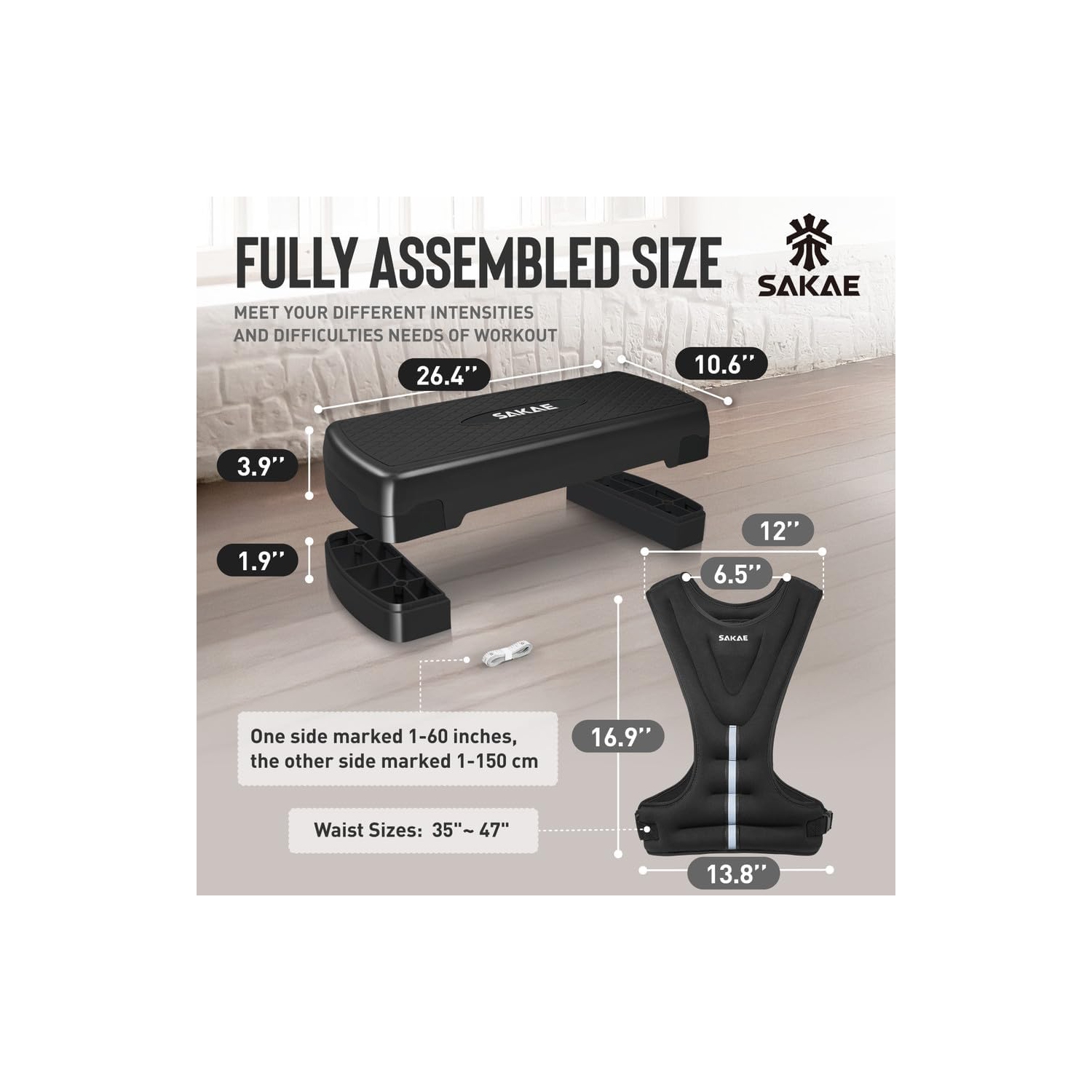 Ensemble de plateforme Aerobics de SAKAE avec veste lestée et ruban à mesurer, hauteur réglable à 2 niveaux, marche d'entraînement avec surface
