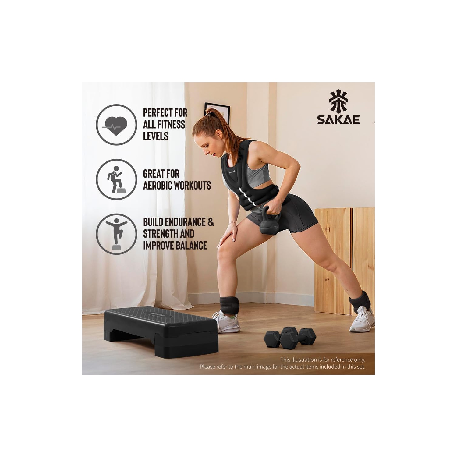 Ensemble de plateforme Aerobics de SAKAE avec veste lestée et ruban à mesurer, hauteur réglable à 2 niveaux, marche d'entraînement avec surface