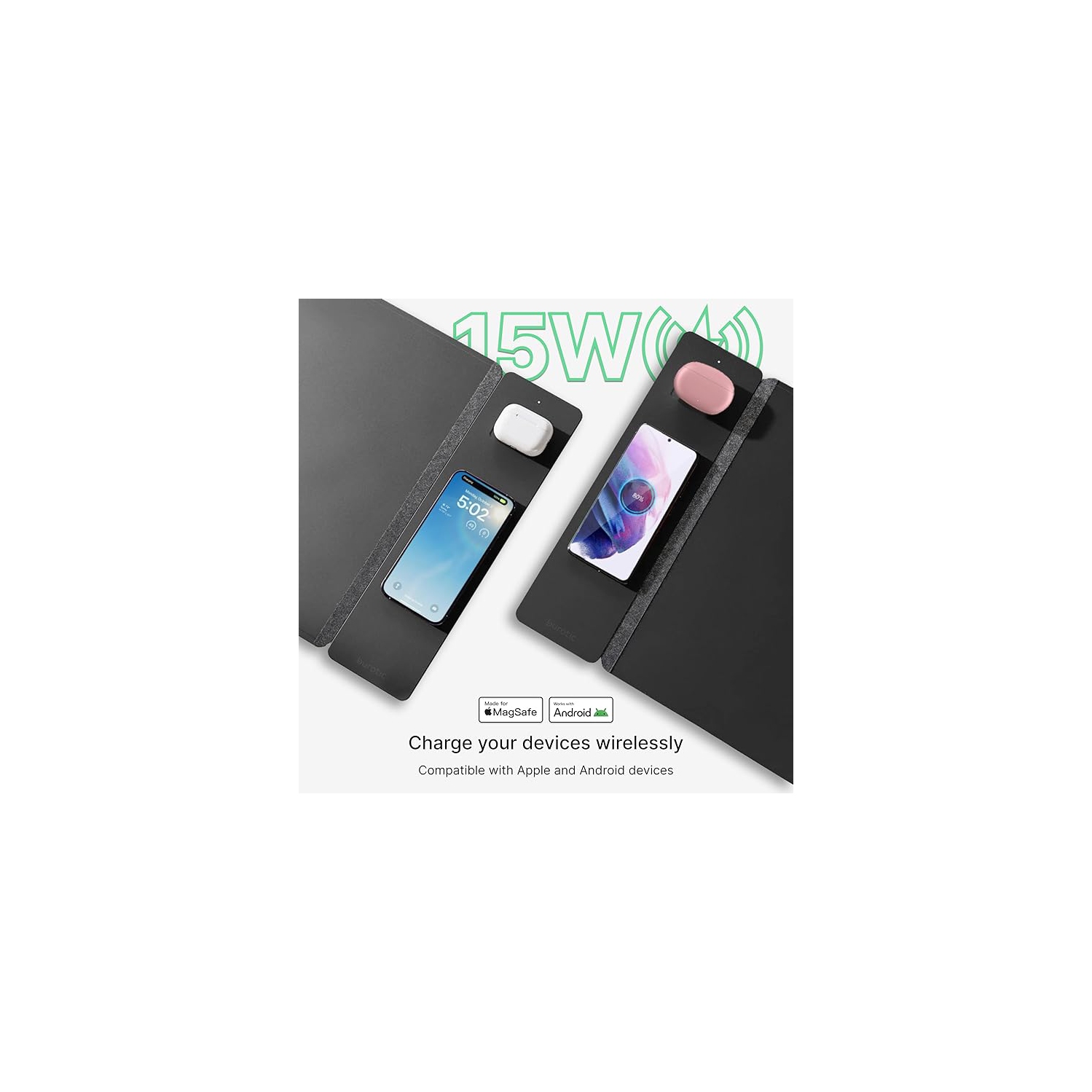 Tapis de chargement sans fil Burotic, tapis réversible en feutre et en cuir végétalien, panneau magnétique étanche amovible - organisation, charge 2