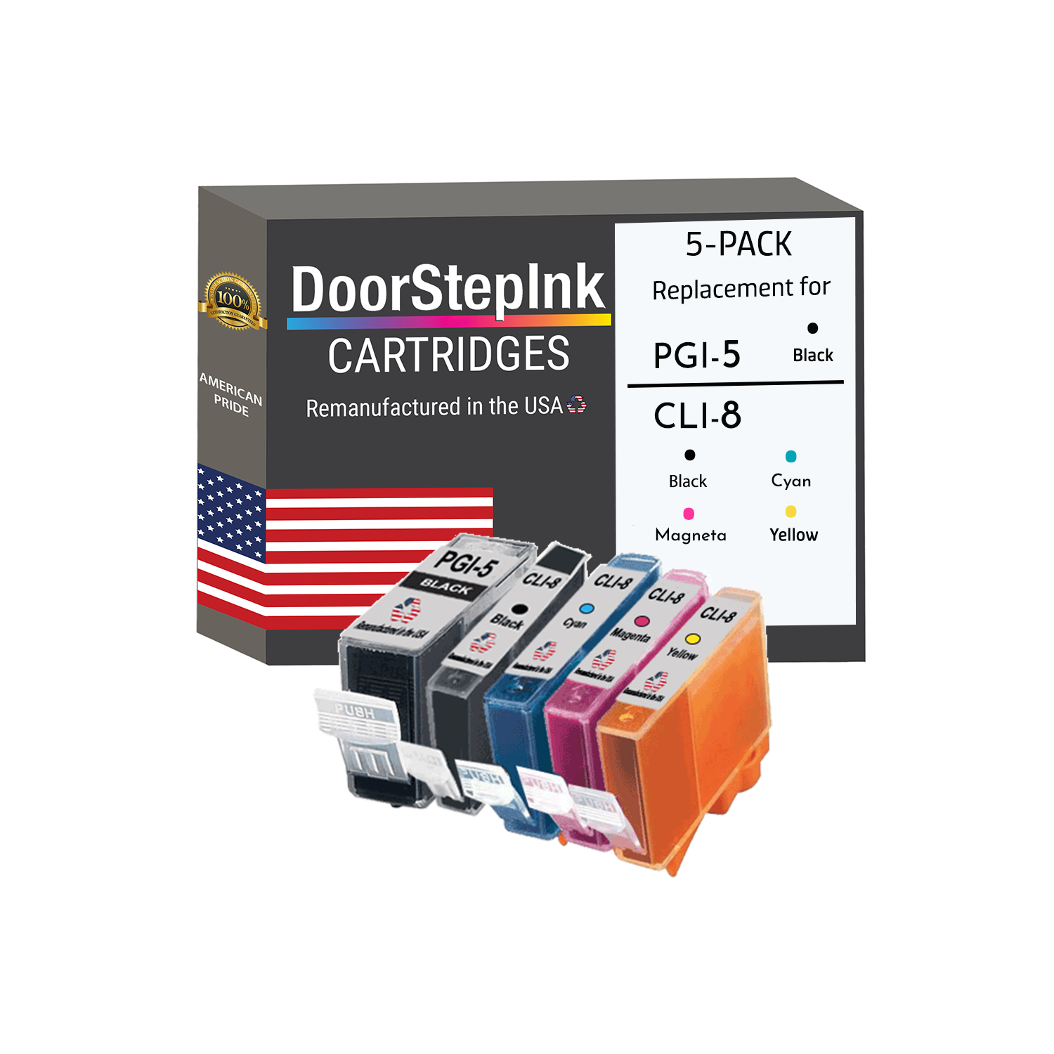 DoorStepInk Remanufactured in the USA Ink Cartridges for Canon PGI-5 Black / CLI-8 Black, Colors 5-Pack