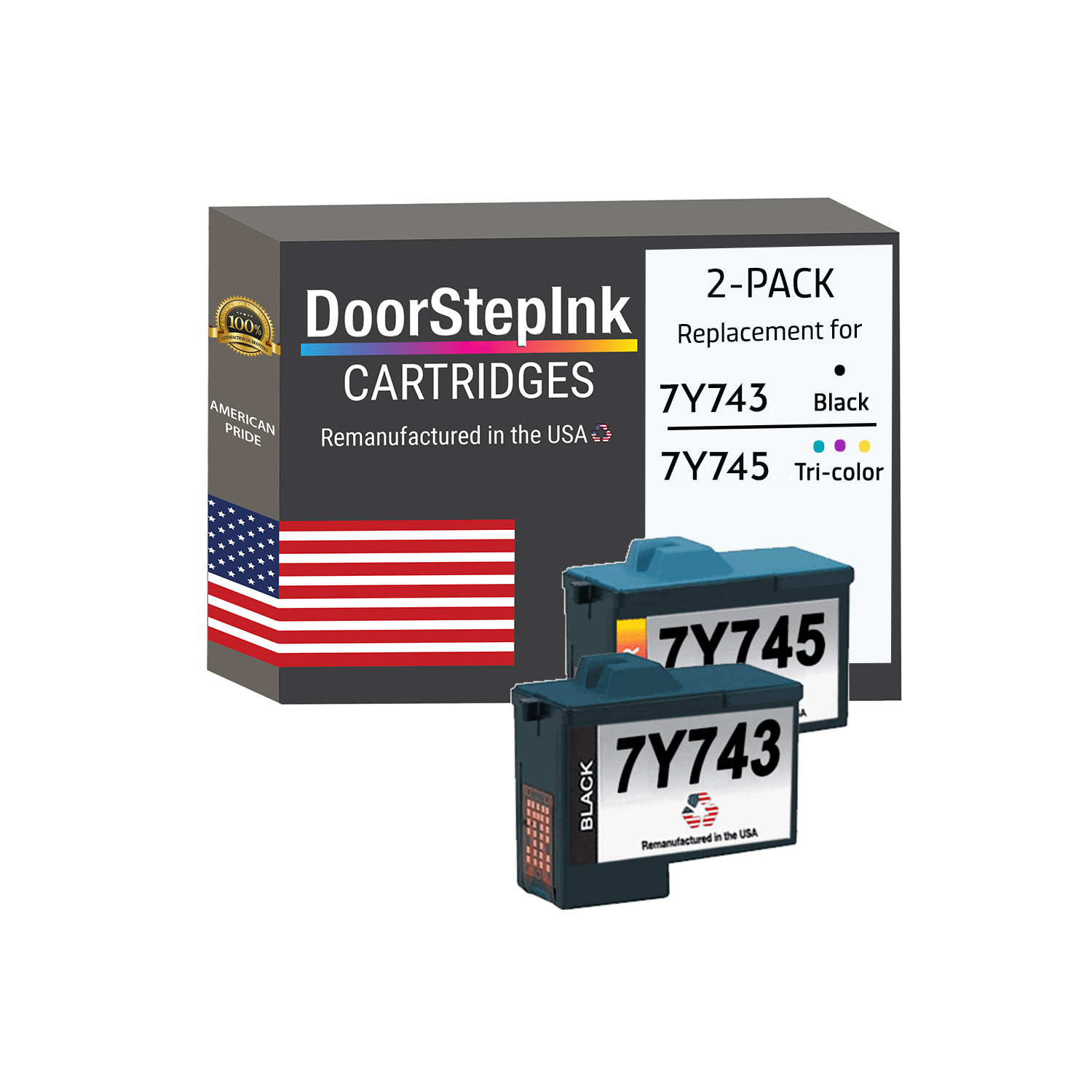 DoorStepInk réusiné dans les cartouches d'encre USA pour le paquet combiné couleur Dell série 2 7Y743/7Y745