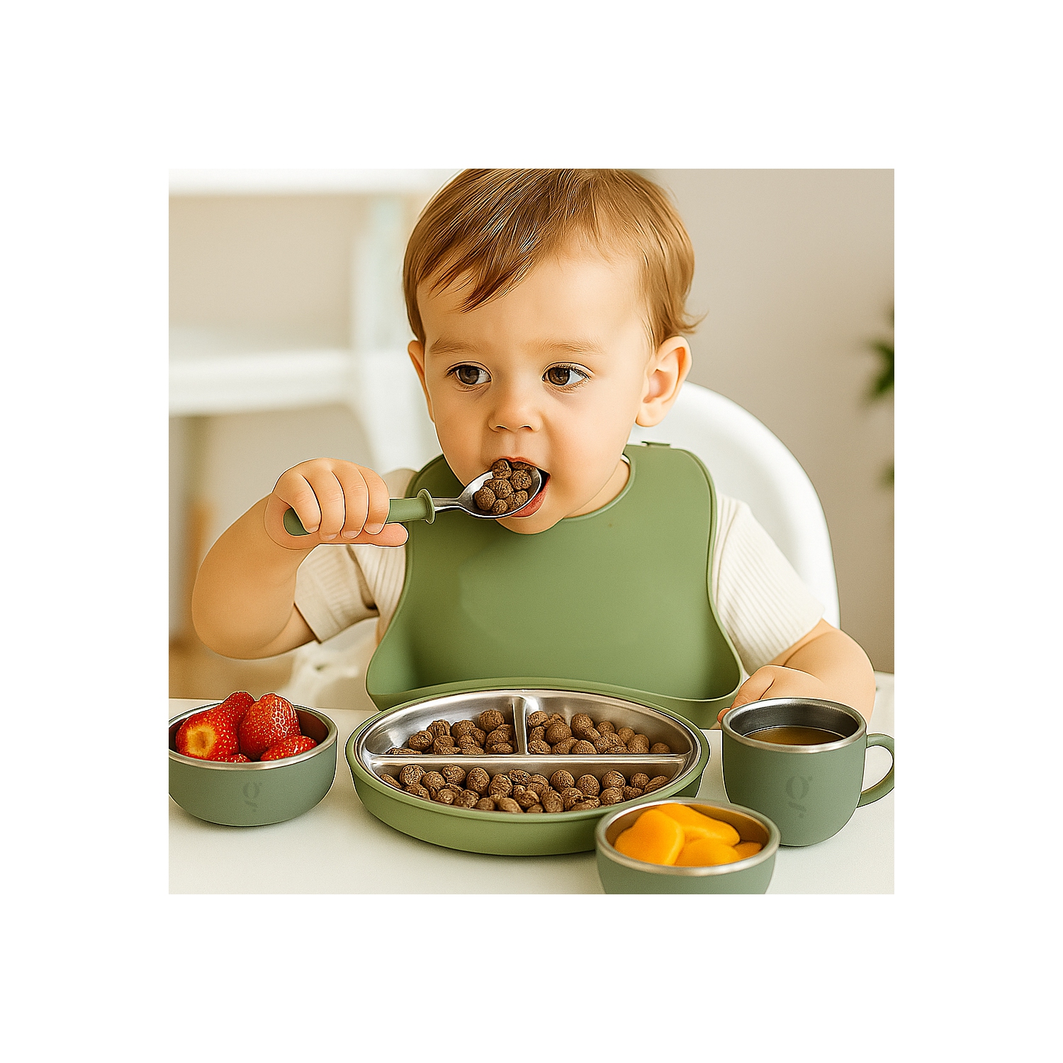 Service de vaisselle 7 pièces en silicone et en acier inoxydable de qualité supérieure pour enfants | Service de repas