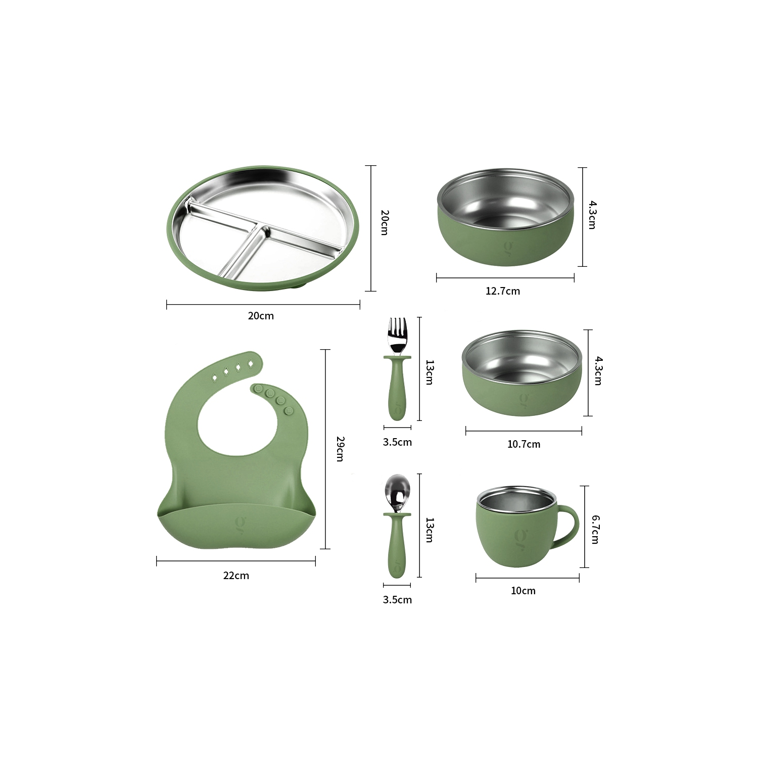 Service de vaisselle 7 pièces en silicone et en acier inoxydable de qualité supérieure pour enfants | Service de repas