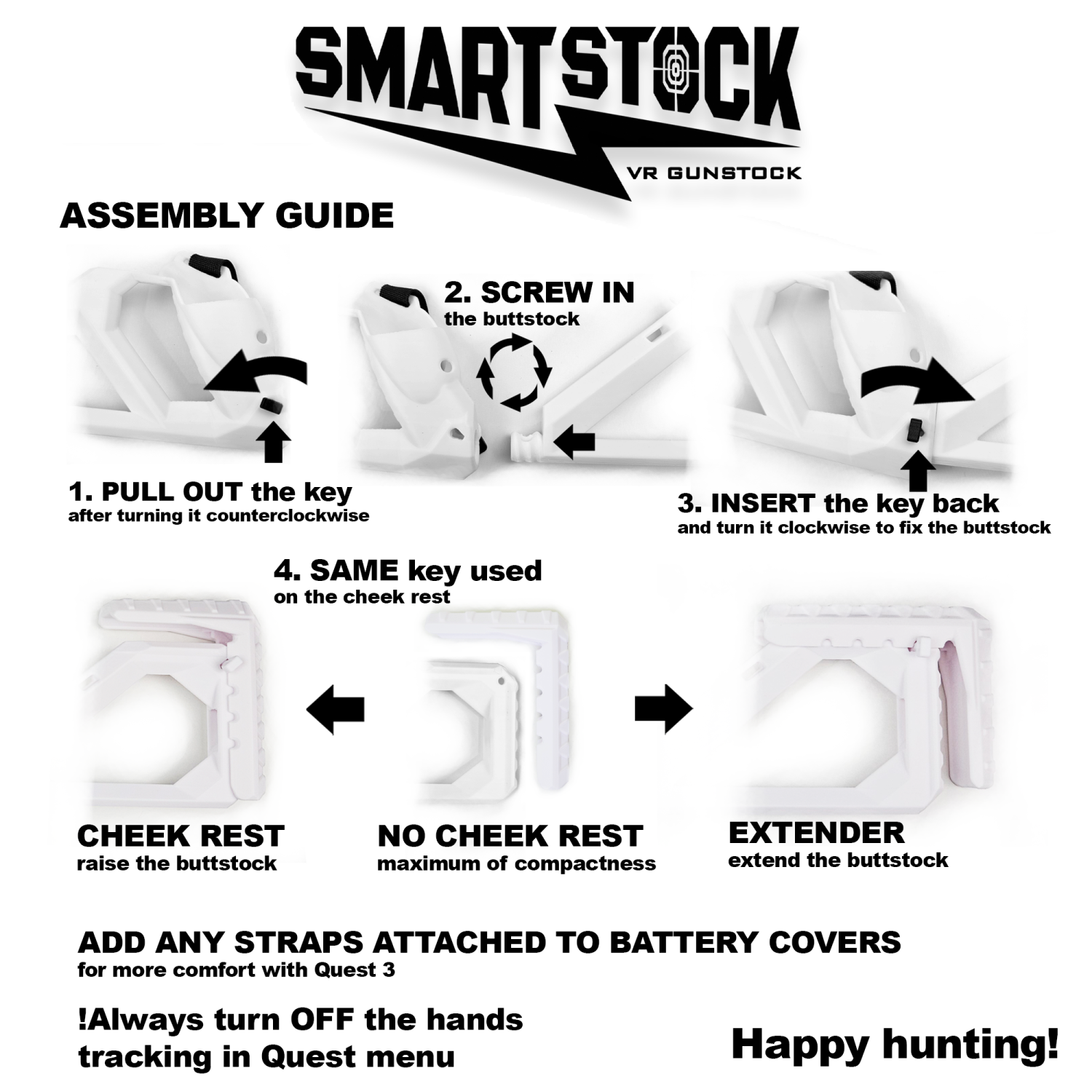 SMARTstock VR Gunstock for Quest 1/2/3/3S/Pro/Rift S - Lightweight Compact Adjustable Design with Quick Reloading & Controller Tracking Accuracy -