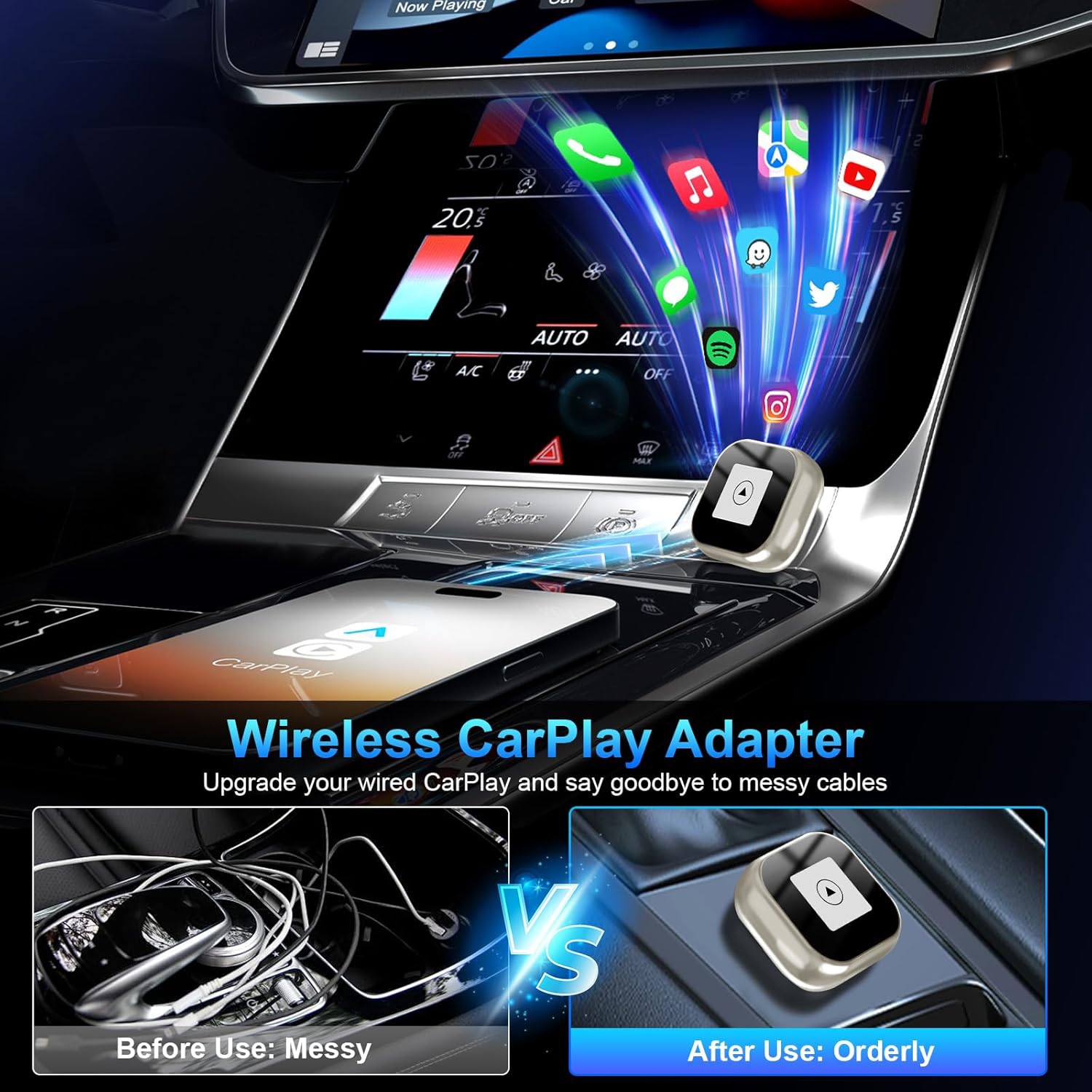 Adaptateur auto sans fil CarPlay et Android 2-en-1, Mini-clé CarPlay se convertit avec fil en sans fil, prêt à l'emploi, connexion automatique, pour