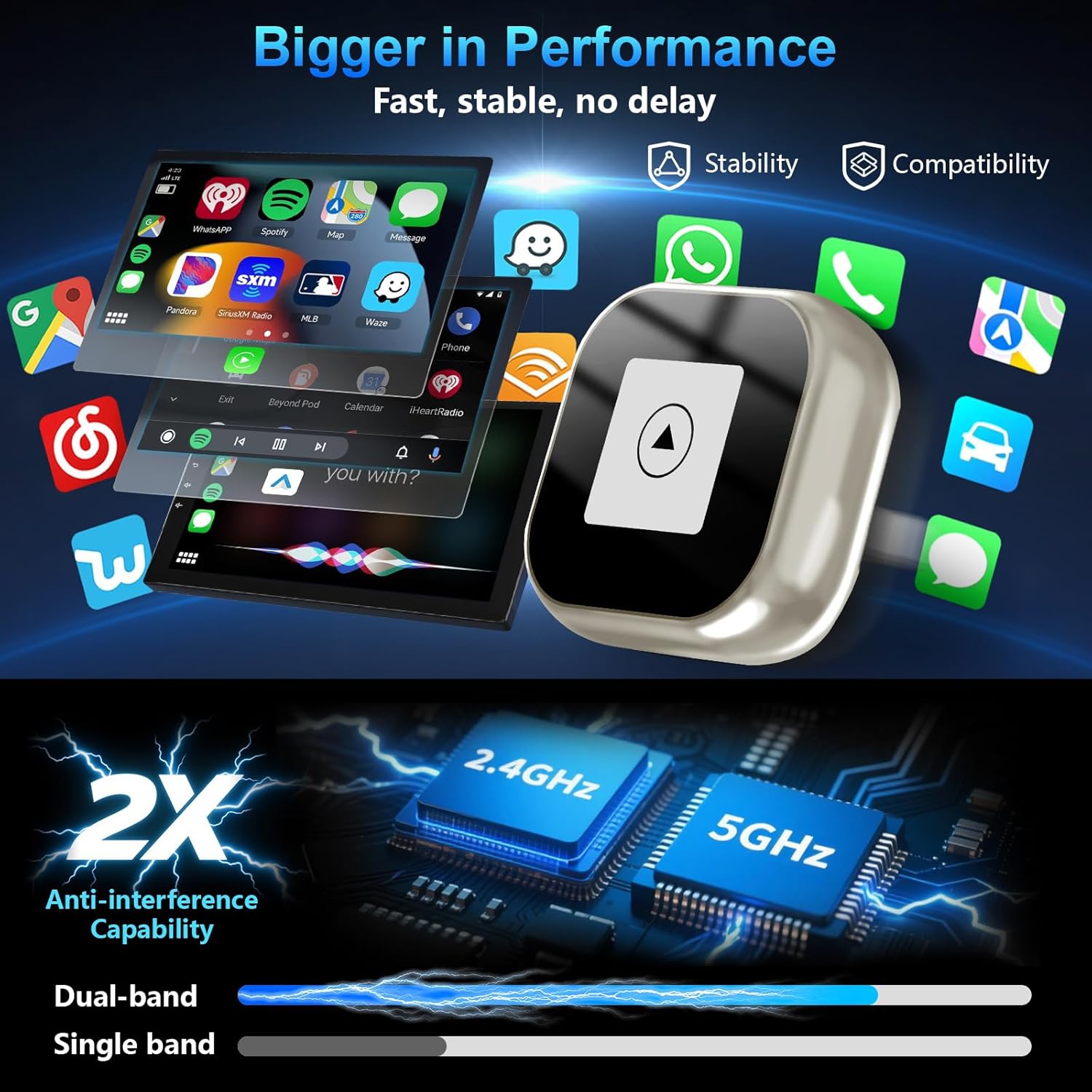 Adaptateur auto sans fil CarPlay et Android 2-en-1, Mini-clé CarPlay se convertit avec fil en sans fil, prêt à l'emploi, connexion automatique, pour