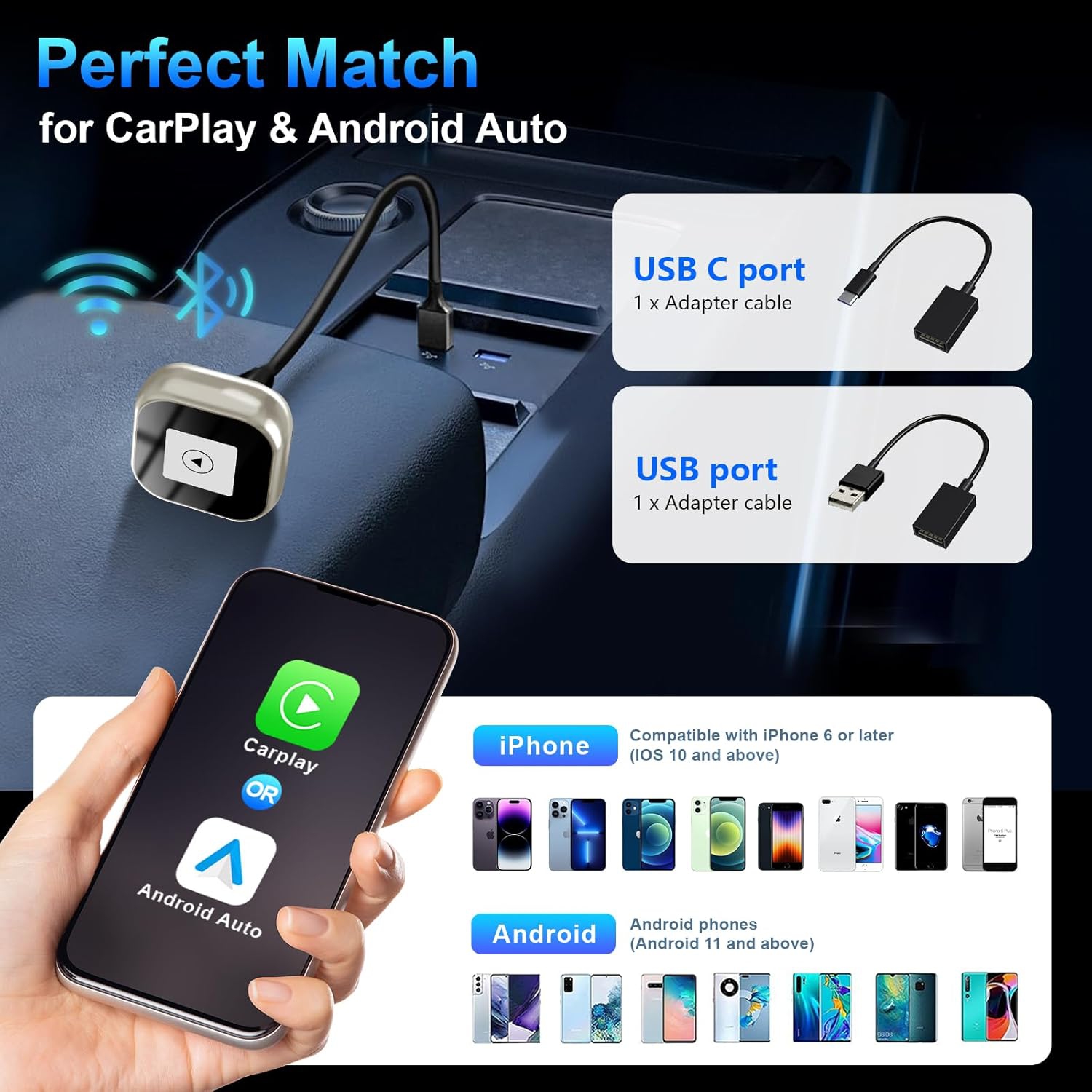 Adaptateur CarPlay Et Android Auto Sans Fil - Bluetooth 5.1 Pour Voiture, Compatible IOS Et Android