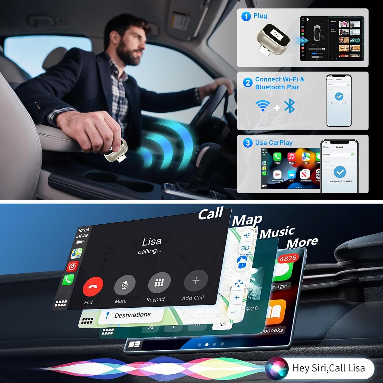 Adaptateur auto sans fil CarPlay et Android 2-en-1, Mini-clé CarPlay se convertit avec fil en sans fil, prêt à l'emploi, connexion automatique, pour