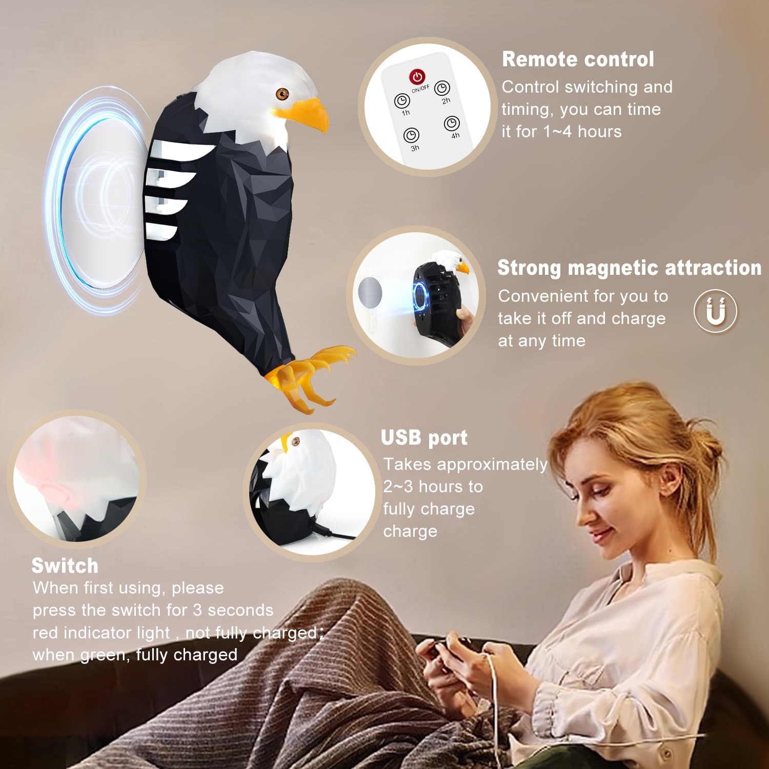Applique murale aigle bald avec télécommande, lampe aigle magnétique à DEL, chargement USB et lampe intérieure à piles