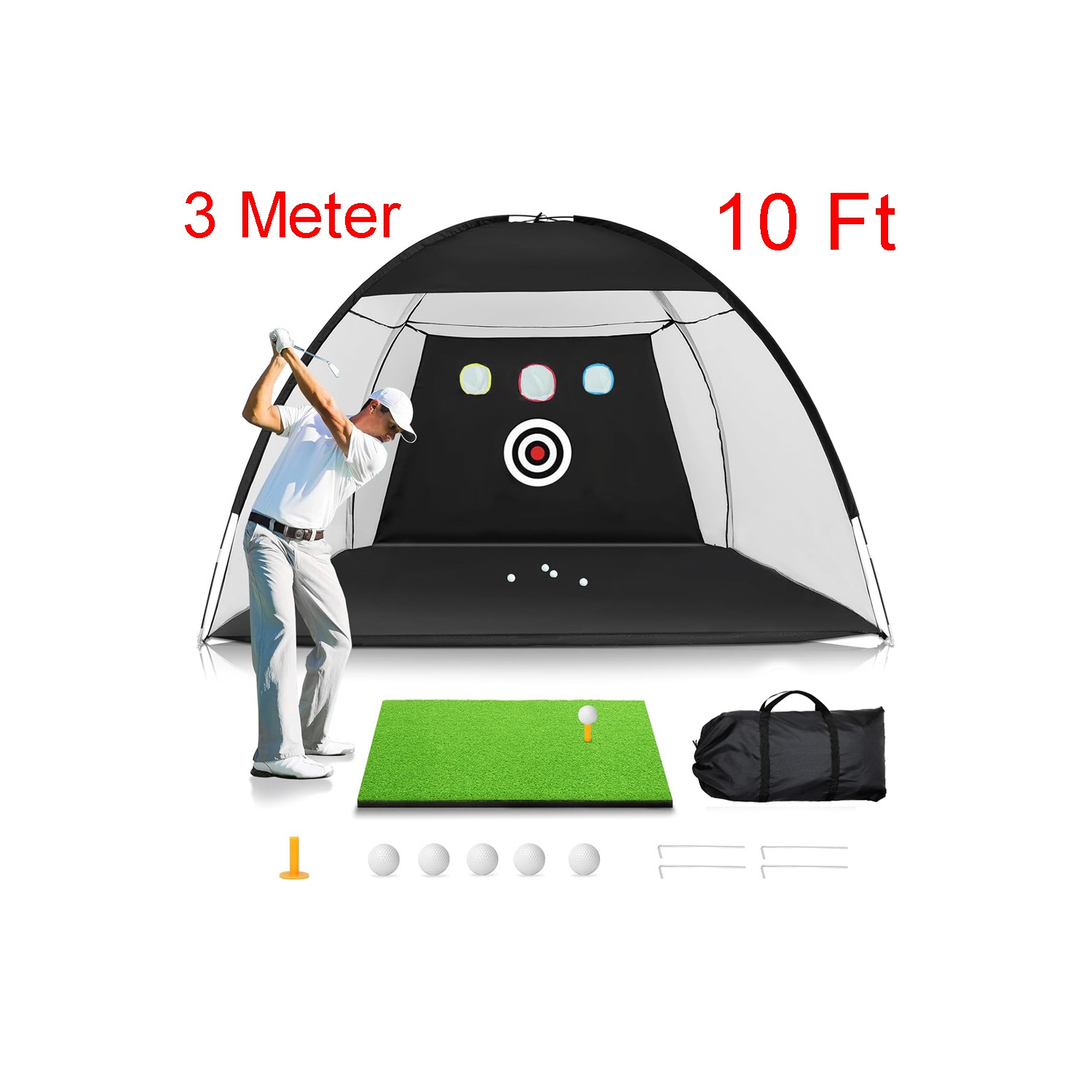 axGear Golf Practice Hitting Net Ball Turf Tee Set for Indoor Backyard Portable 3M 10Ft