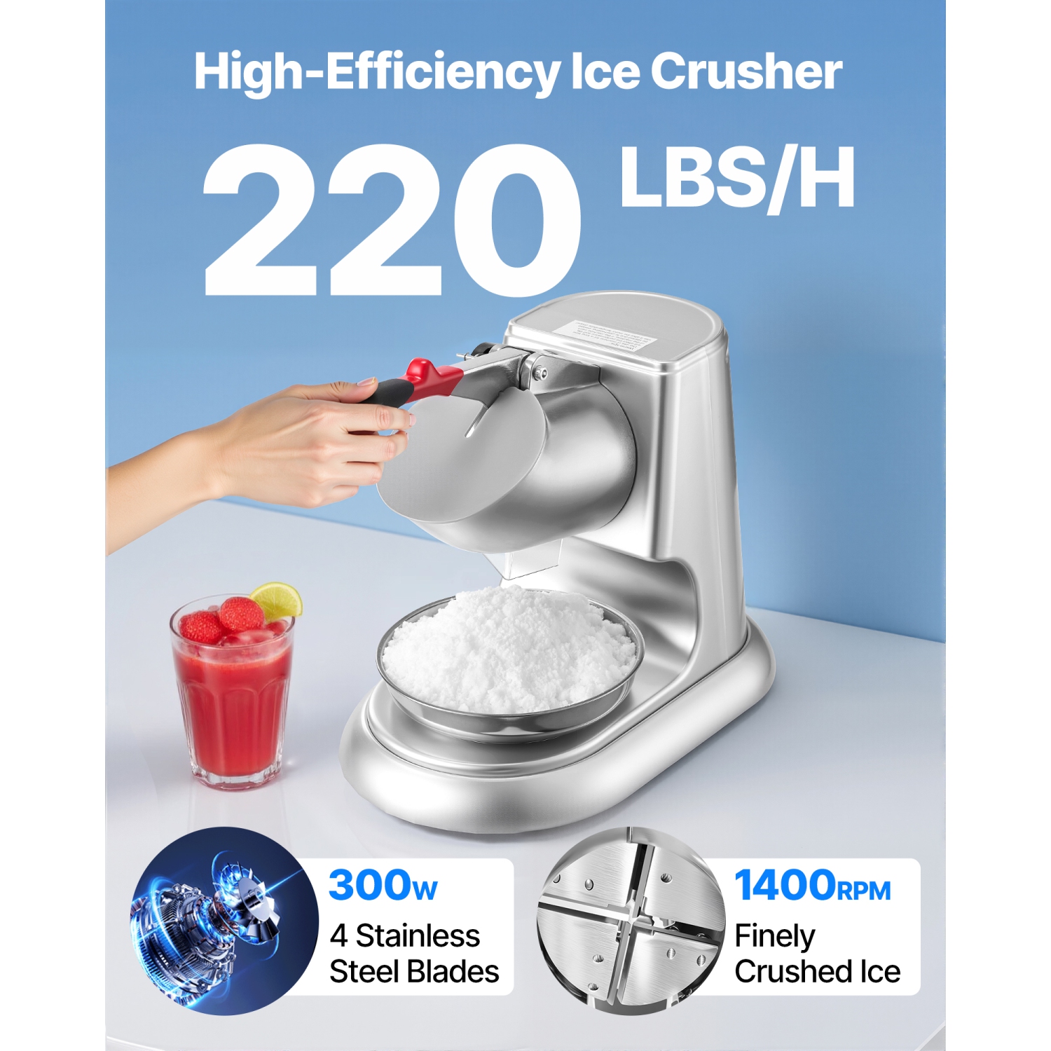 Machine à broyer la glace 2000 tr/min de Veor 300 W, machine électrique à 4 lames 220 lb/h à cornet de glace pilée en acier inoxydable