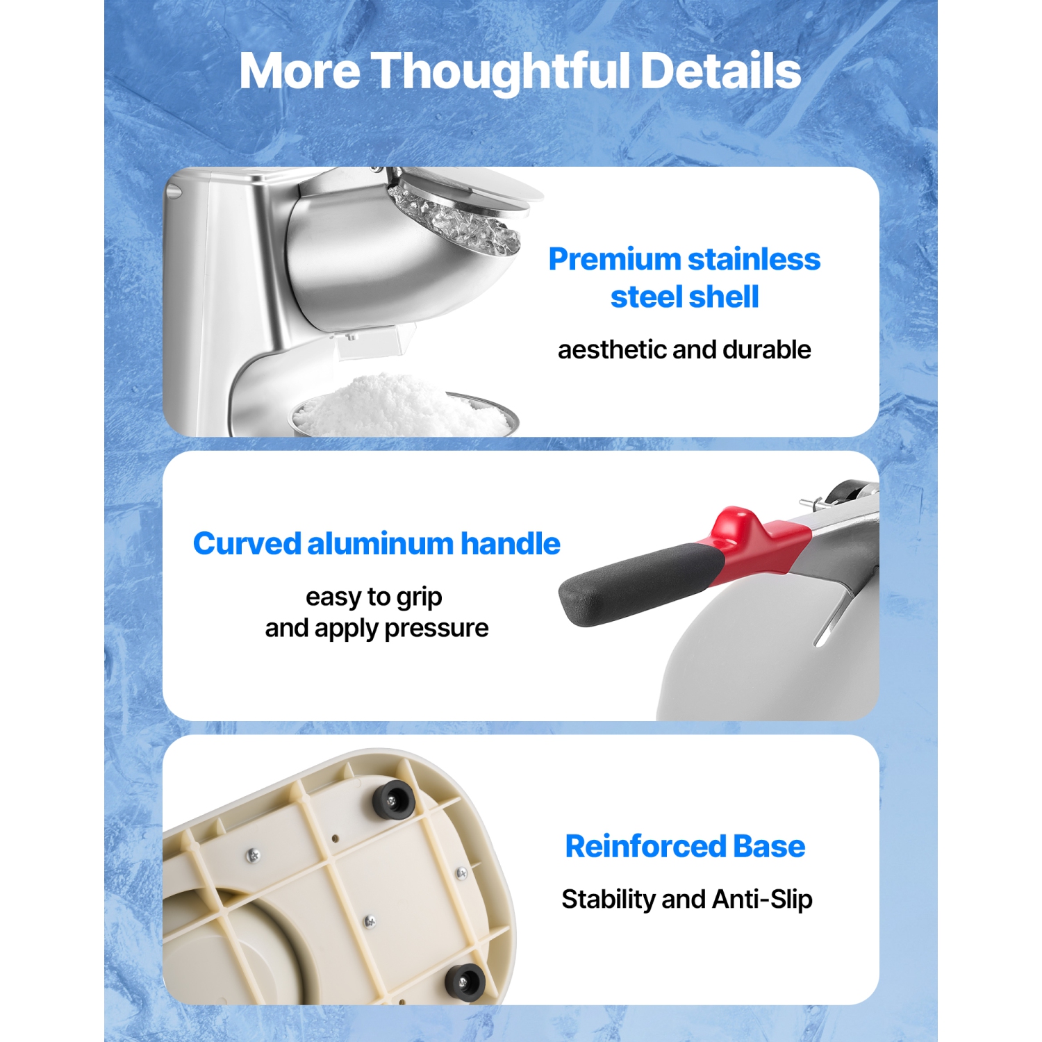 Machine à broyer la glace 2000 tr/min de Veor 300 W, machine électrique à 4 lames 220 lb/h à cornet de glace pilée en acier inoxydable