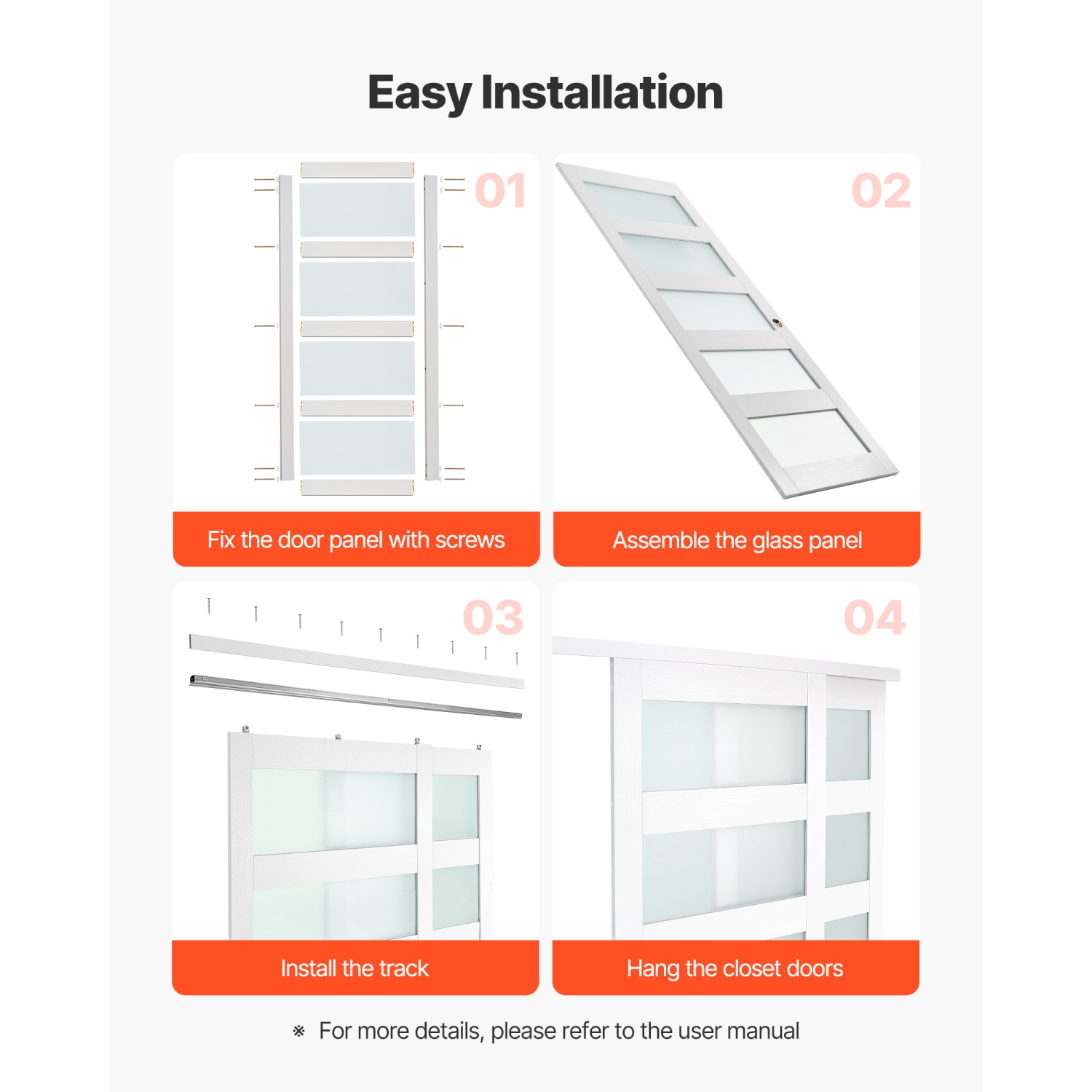 Portes coulissantes pour garde-robe en PVC étanche VEVOR, 60 po x 80 po, 5 portes coulissantes en verre givré avec quincaillerie et guide
