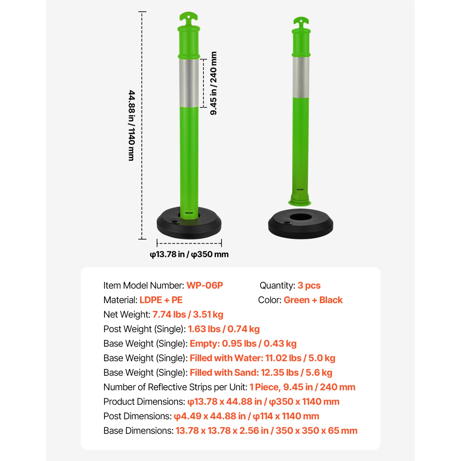VEVOR 3 Pack Traffic Delineator Posts, 48 inches Traffic Safety Cones with Fillable Base and Reflective Strips, Heavy Duty Delineator Posts for