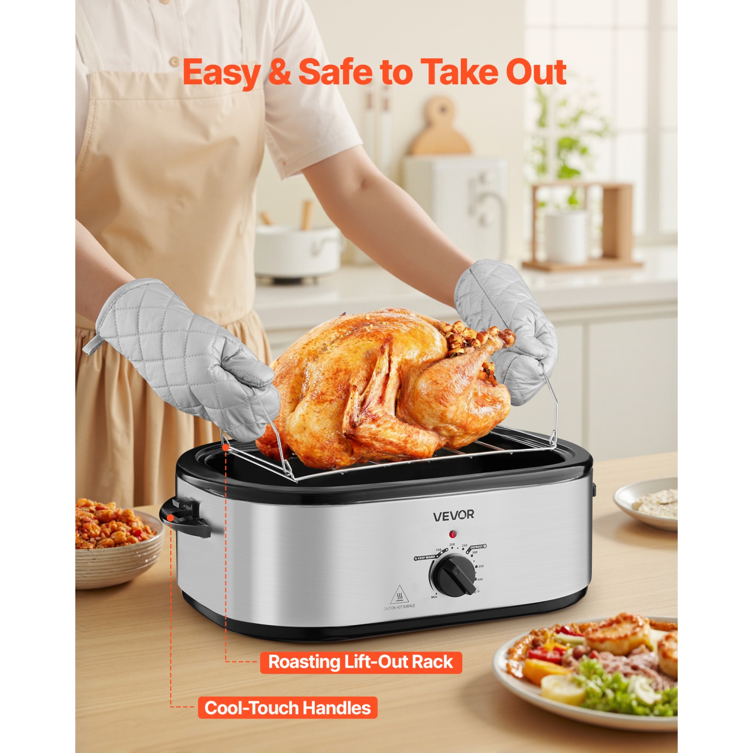 VEVOR Roaster Oven, 22QT Electric Roasting Pan, 150-450℉ Adjustable Temperature Multifunctional Electric Roaster Oven with Self-Basting Lid, Defrost
