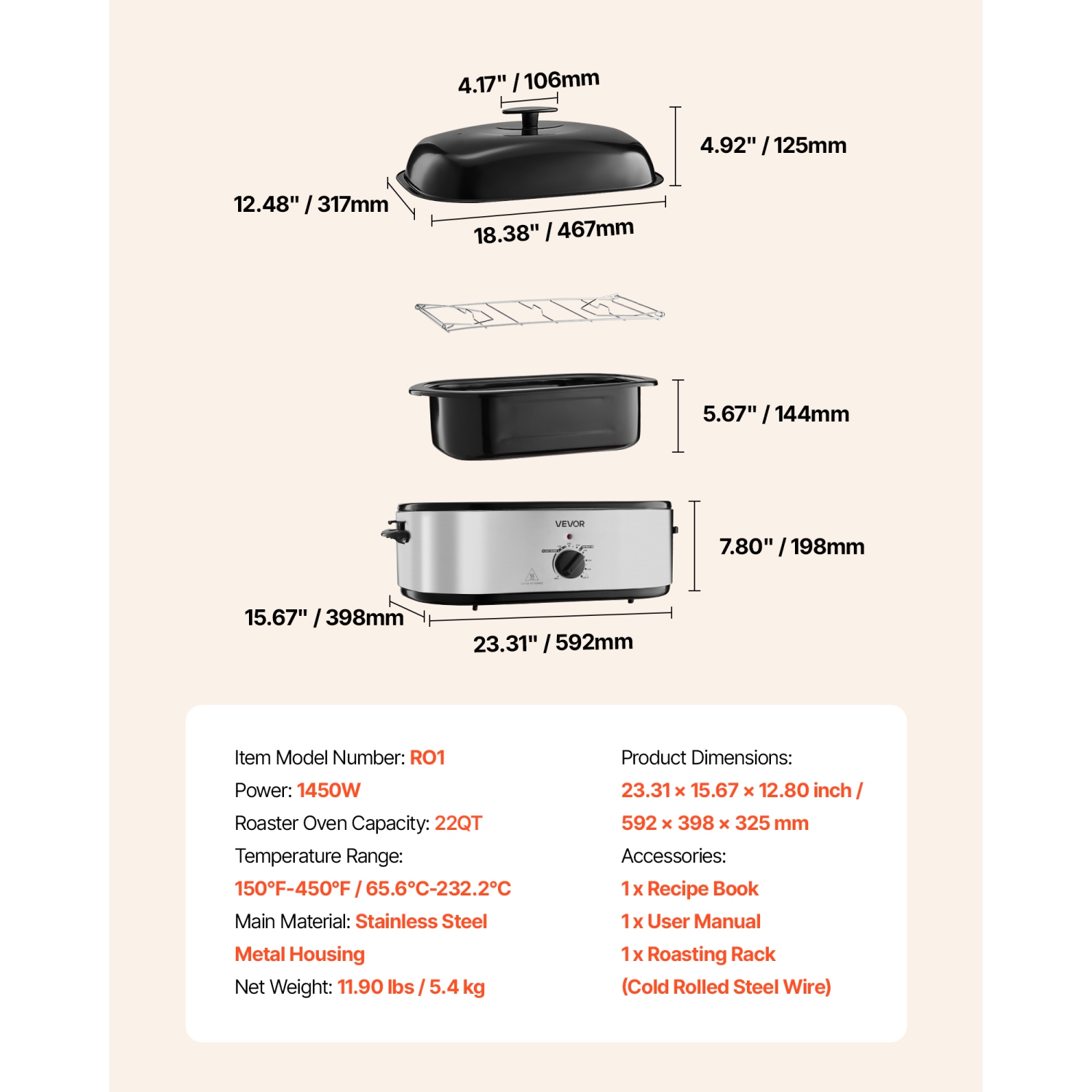 VEVOR Roaster Oven, 22QT Electric Roasting Pan, 150-450℉ Adjustable Temperature Multifunctional Electric Roaster Oven with Self-Basting Lid, Defrost