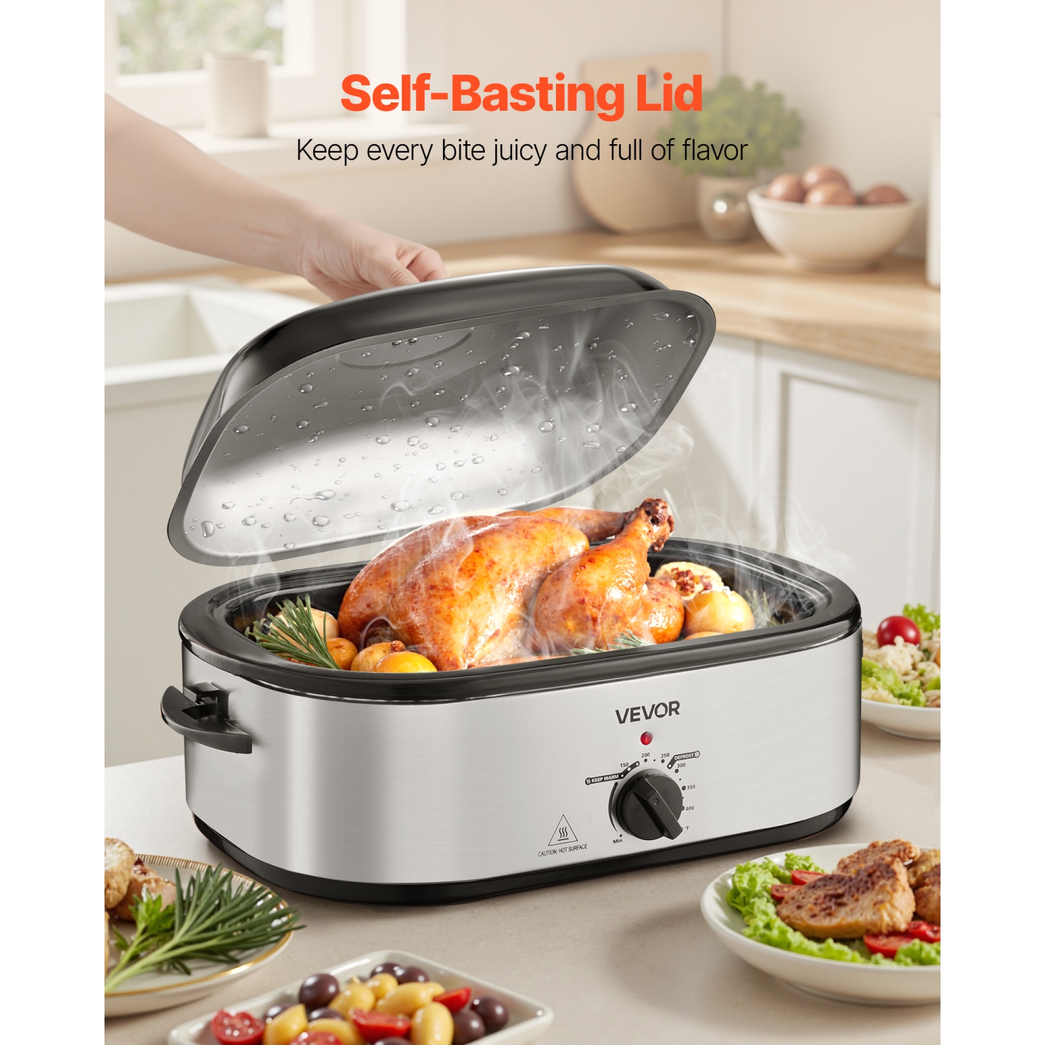 VEVOR Roaster Oven, 20QT Electric Roasting Pan, 150-450℉ Adjustable Temperature Fast-Cooking Turkey Roaster, Turkey Oven with Self-Basting Lid,
