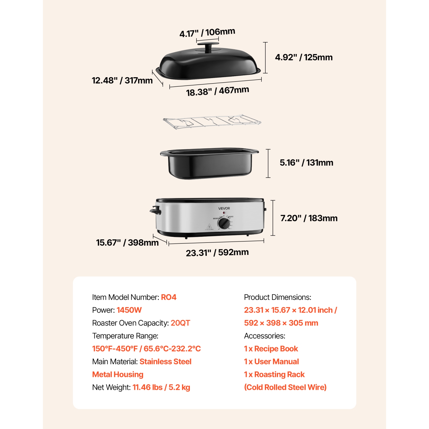 VEVOR Roaster Oven, 20QT Electric Roasting Pan, 150-450℉ Adjustable Temperature Fast-Cooking Turkey Roaster, Turkey Oven with Self-Basting Lid,