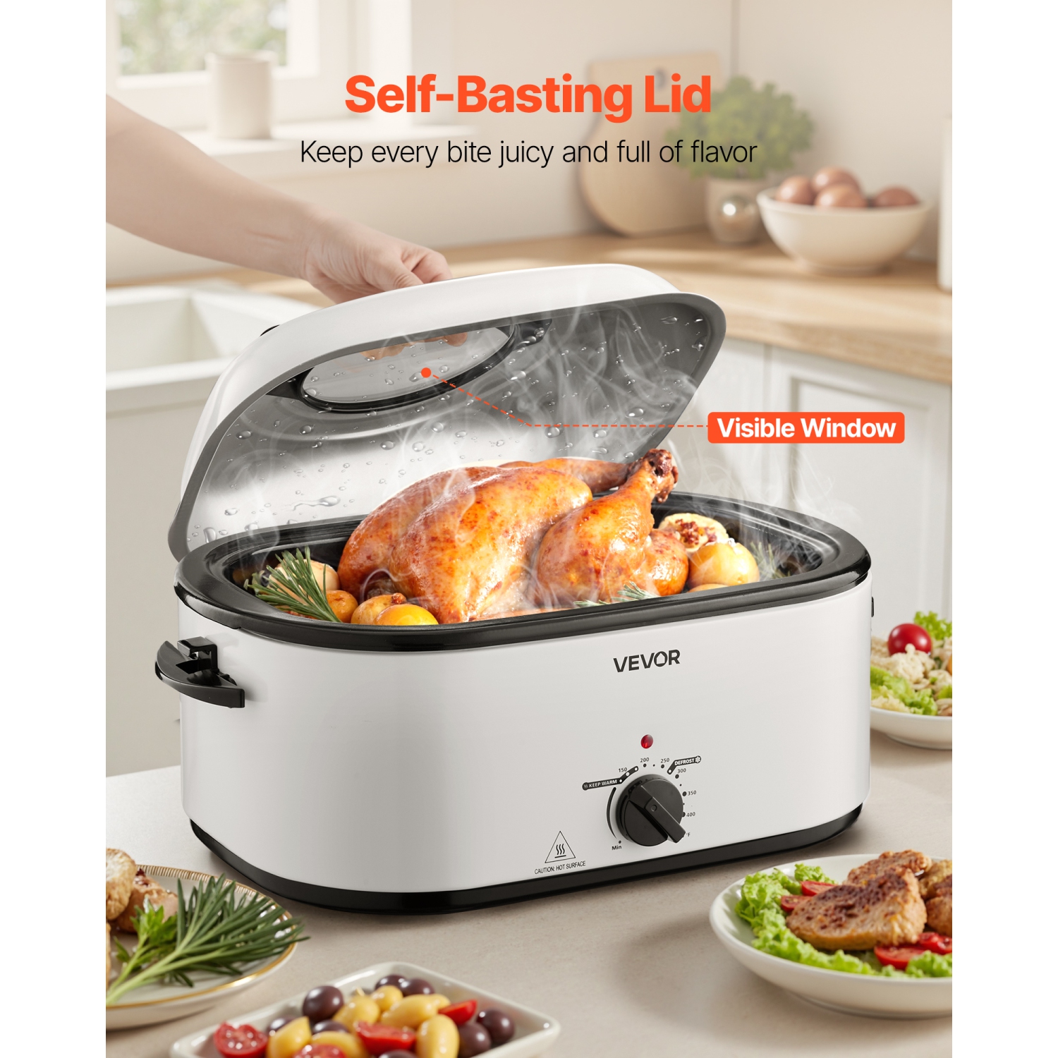 VEVOR Roaster Oven, 26QT Electric Roasting Pan, 150-450℉ Adjustable Temperature Fast-Cooking Turkey Roaster with Cool-Touch Handle, Visible