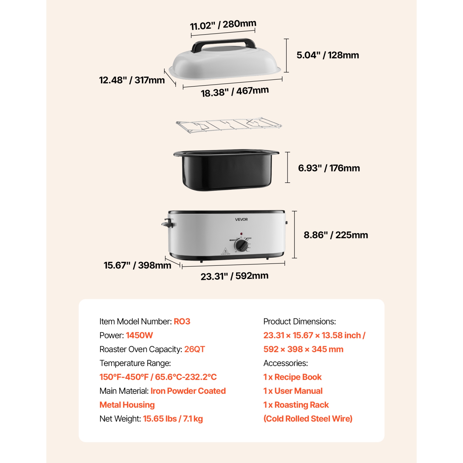 VEVOR Roaster Oven, 26QT Electric Roasting Pan, 150-450℉ Adjustable Temperature Fast-Cooking Turkey Roaster with Cool-Touch Handle, Visible