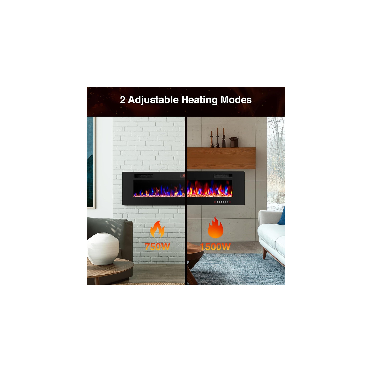 Foyer électrique encastré ou fixé au mur de 42&nbsp;po, 1500&nbsp;W radiateur ultra mince de 750 BTU avec télécommande et minuterie, couleurs de