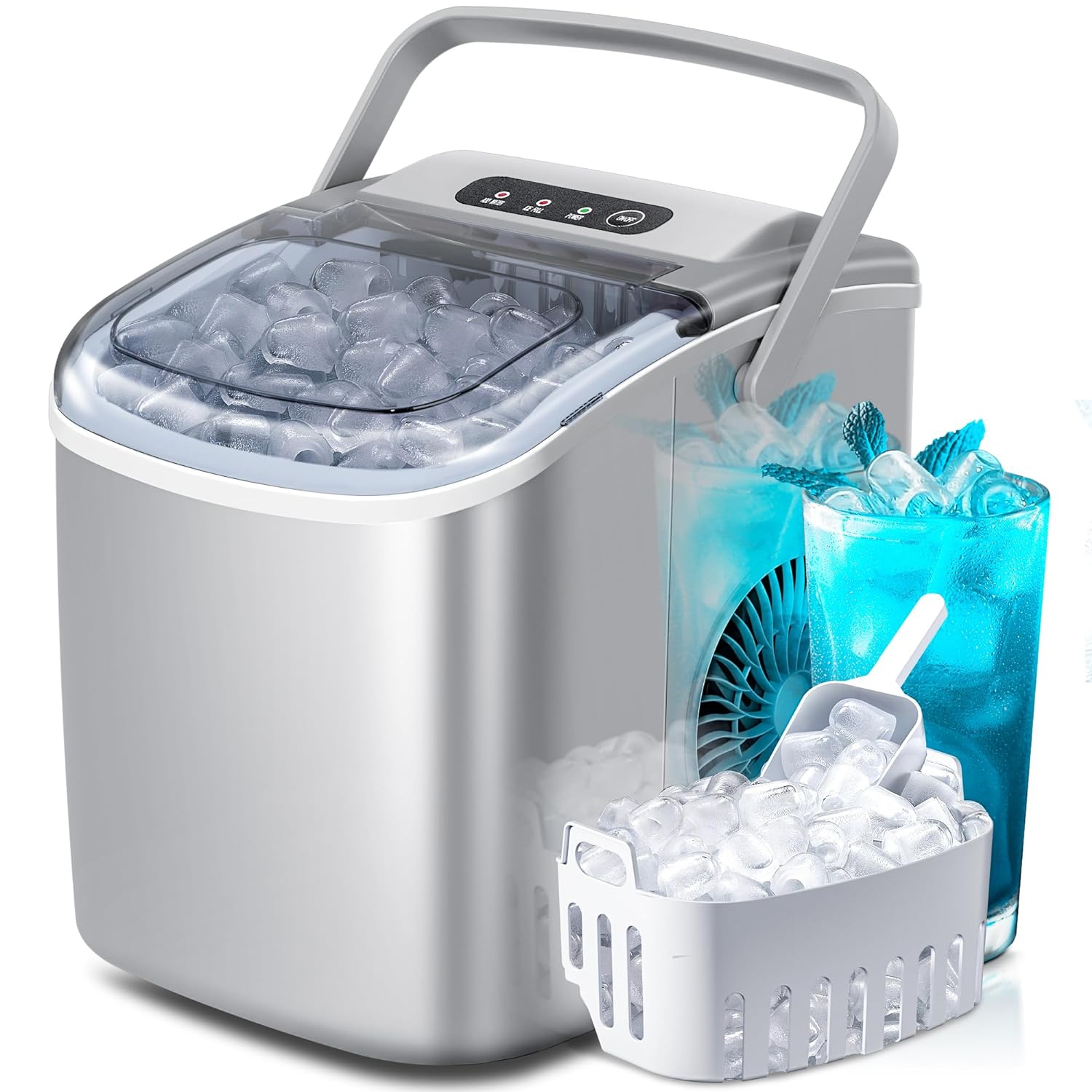 ZAFRO Portable Countertop Ice Maker Machine with Handle, 6Mins/9 Pcs ice Cubes, 26Lbs/24H, Self-Cleaning Function with Ice Scoop and Basket for