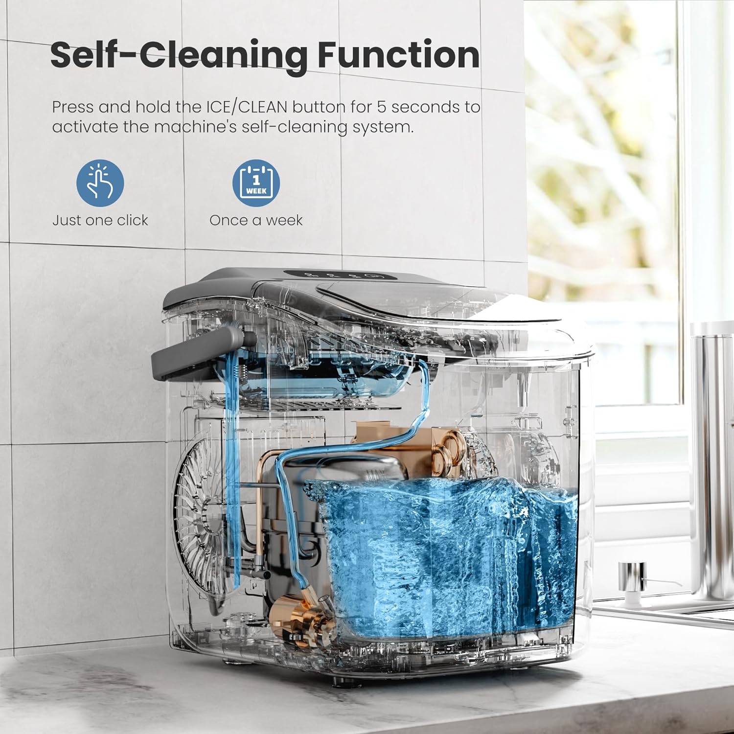ZAFRO Portable Countertop Ice Maker Machine with Handle, 6Mins/9 Pcs ice Cubes, 26Lbs/24H, Self-Cleaning Function with Ice Scoop and Basket for