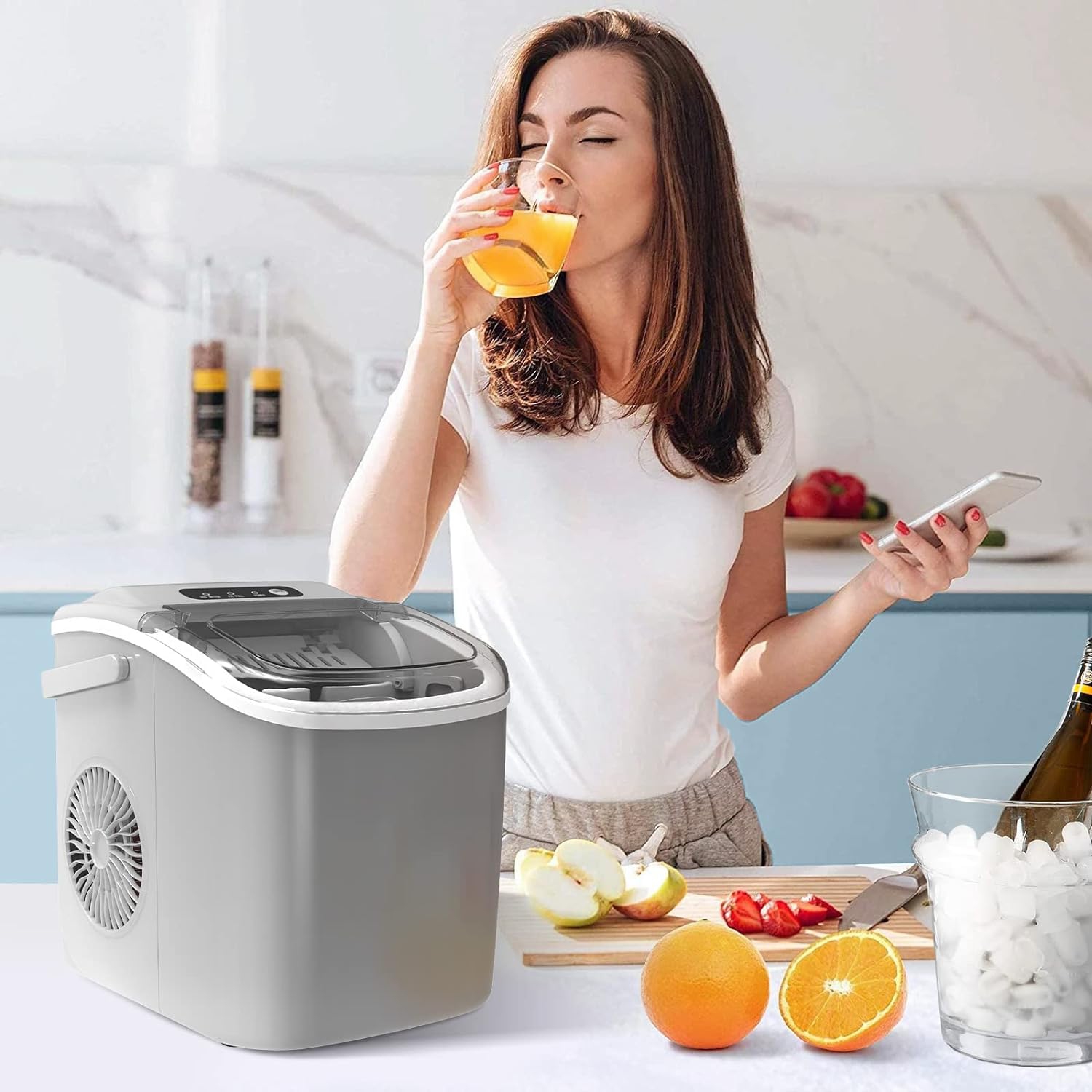 ZAFRO Portable Countertop Ice Maker Machine with Handle, 6Mins/9 Pcs ice Cubes, 26Lbs/24H, Self-Cleaning Function with Ice Scoop and Basket for