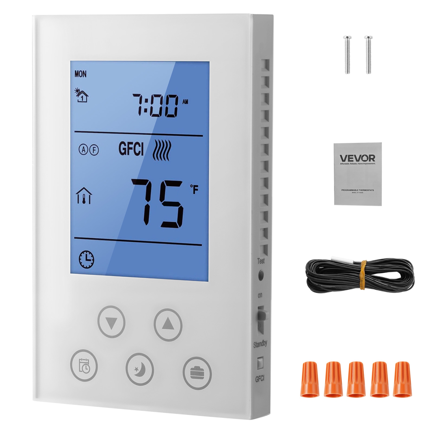 Thermostat programmable de 7 jours VEVOR, Thermostats résidentiels pour câble chauffant radiant sous le plancher, thermopompe, DFT intégré et capteur