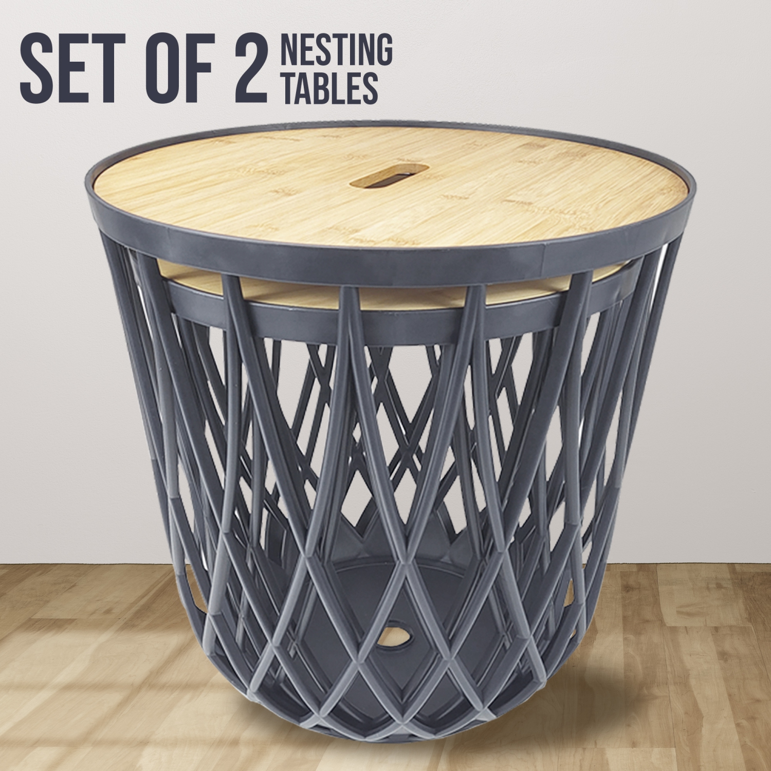 PRISP Timballa Storage Basket Table - Round Coffee Table, Side Table, End Table with Bamboo Lid, for Living Room, Bedroom, Patio & Balcony Decor