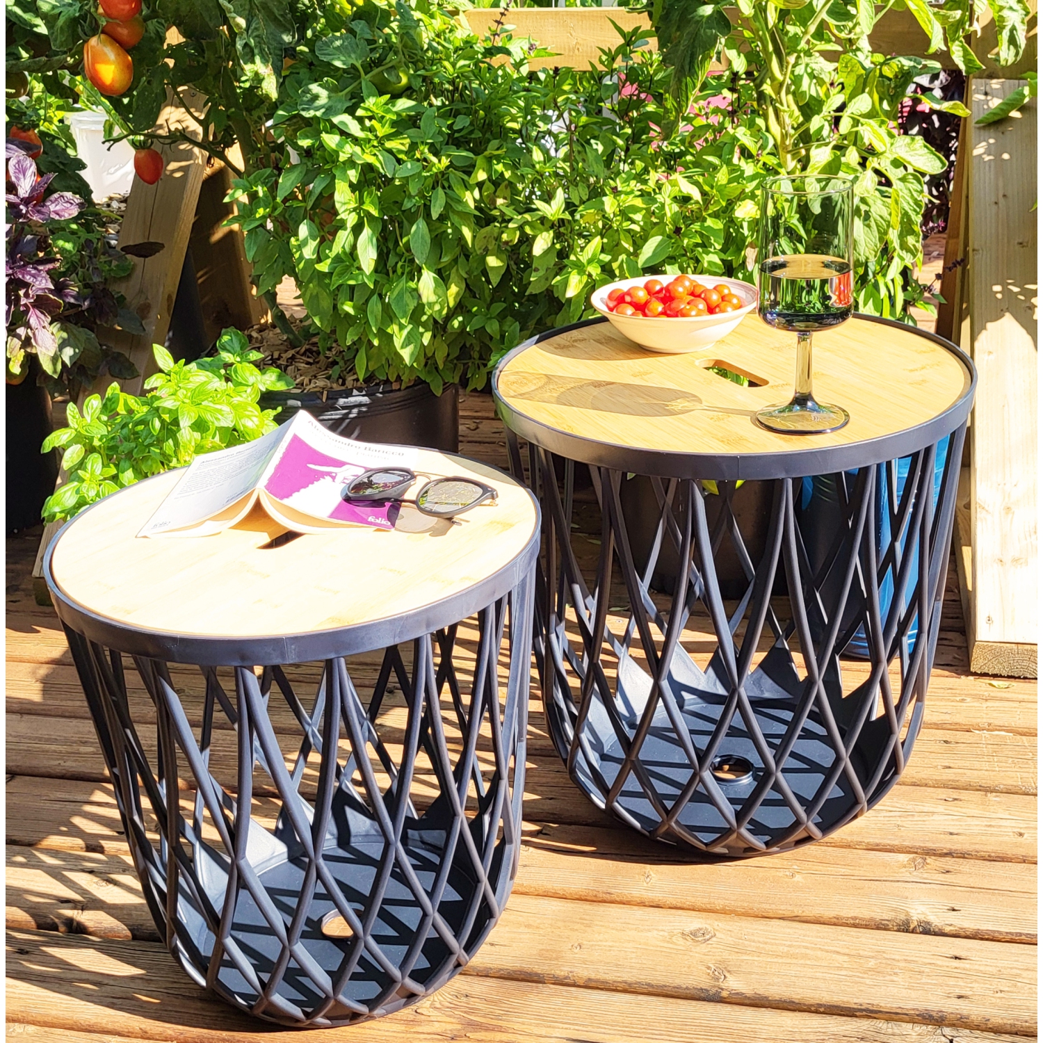 PRISP Timballa Storage Basket Table - Round Coffee Table, Side Table, End Table with Bamboo Lid, for Living Room, Bedroom, Patio & Balcony Decor