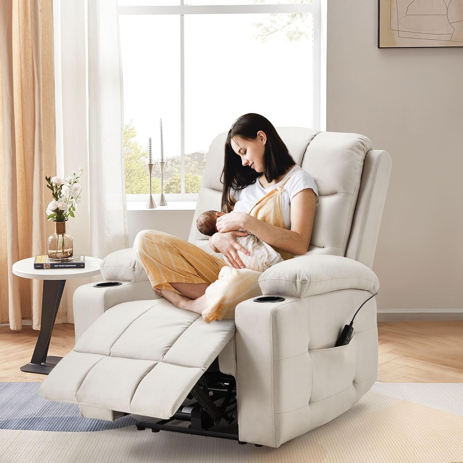 Fauteuil inclinable électrique pour chambre de bébé AECOJOY avec accoudoirs larges, fauteuil inclinable électrique avec appuie-tête, porte-gobelets,