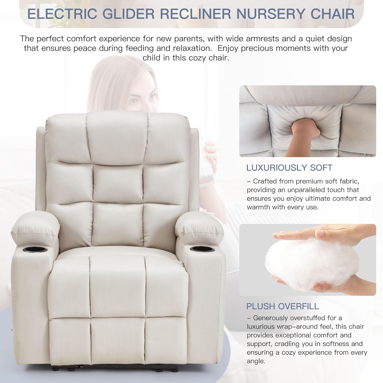 Fauteuil inclinable électrique pour chambre de bébé AECOJOY avec accoudoirs larges, fauteuil inclinable électrique avec appuie-tête, porte-gobelets,