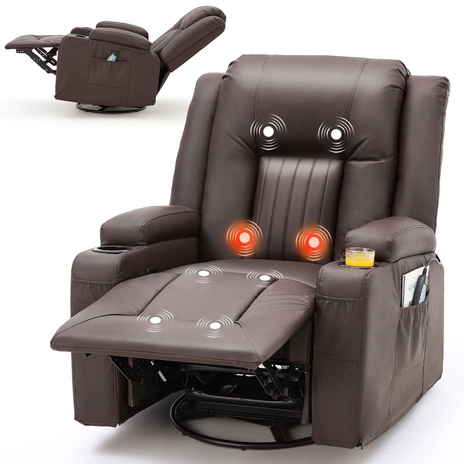 AECOJOY Massage Recliner Manual Chair with Heating & 360° Swivel Rocking Function, Two Cup Holders and Side Pockets, Brown