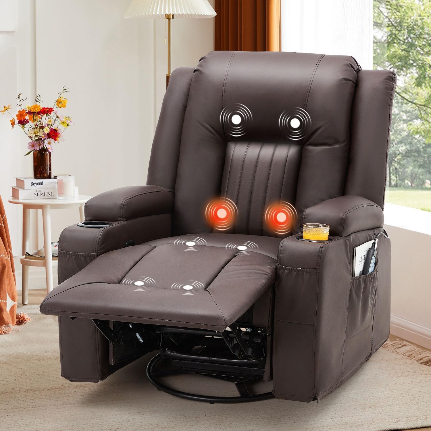 AECOJOY Massage Recliner Manual Chair with Heating & 360° Swivel Rocking Function, Two Cup Holders and Side Pockets, Brown