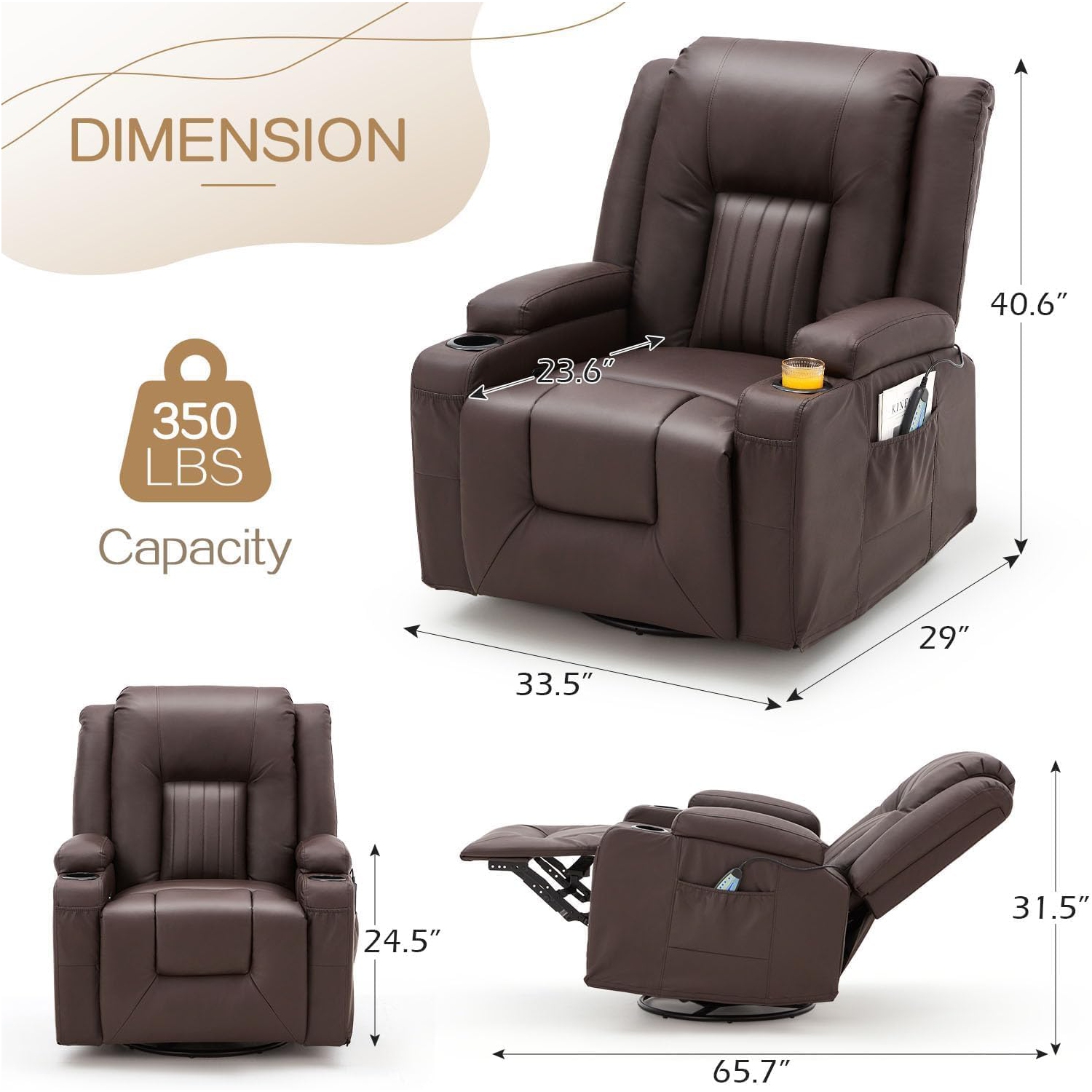 AECOJOY Massage Recliner Manual Chair with Heating & 360° Swivel Rocking Function, Two Cup Holders and Side Pockets, Brown