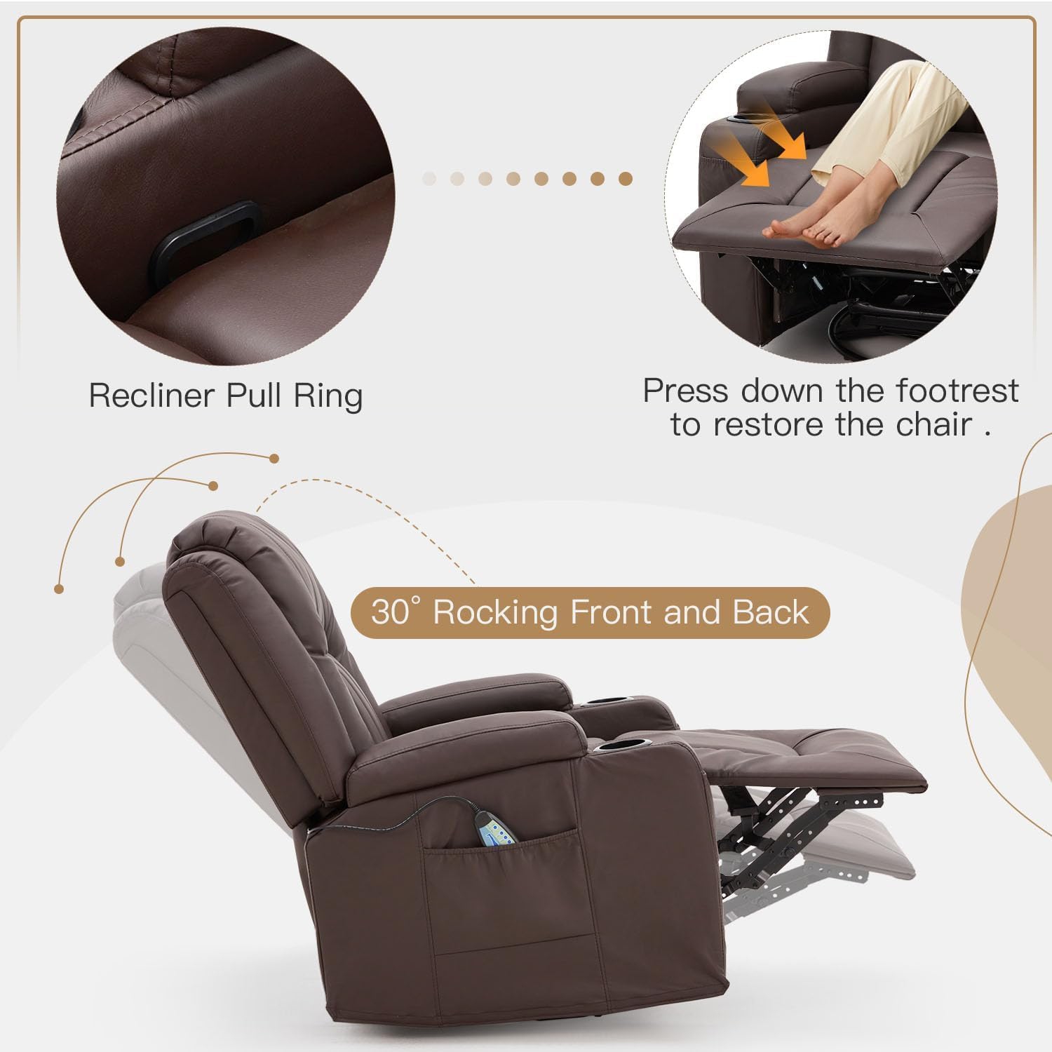 AECOJOY Massage Recliner Manual Chair with Heating & 360° Swivel Rocking Function, Two Cup Holders and Side Pockets, Brown