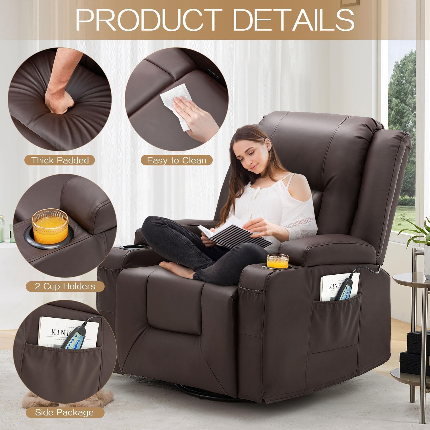 AECOJOY Massage Recliner Manual Chair with Heating & 360° Swivel Rocking Function, Two Cup Holders and Side Pockets, Brown