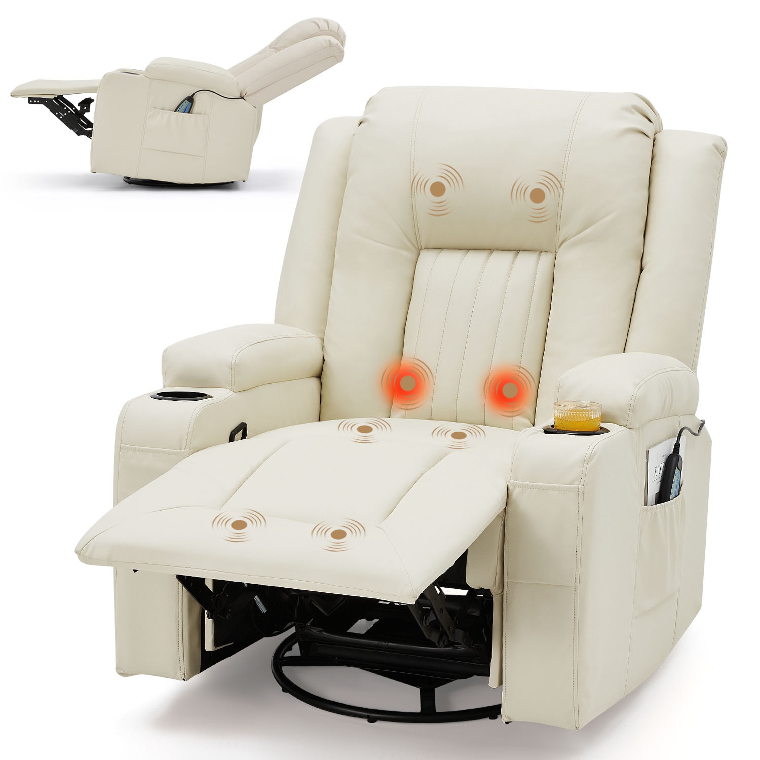 AECOJOY Massage Recliner Manual Chair with Heating & 360° Swivel Rocking Function, Two Cup Holders and Side Pockets, White