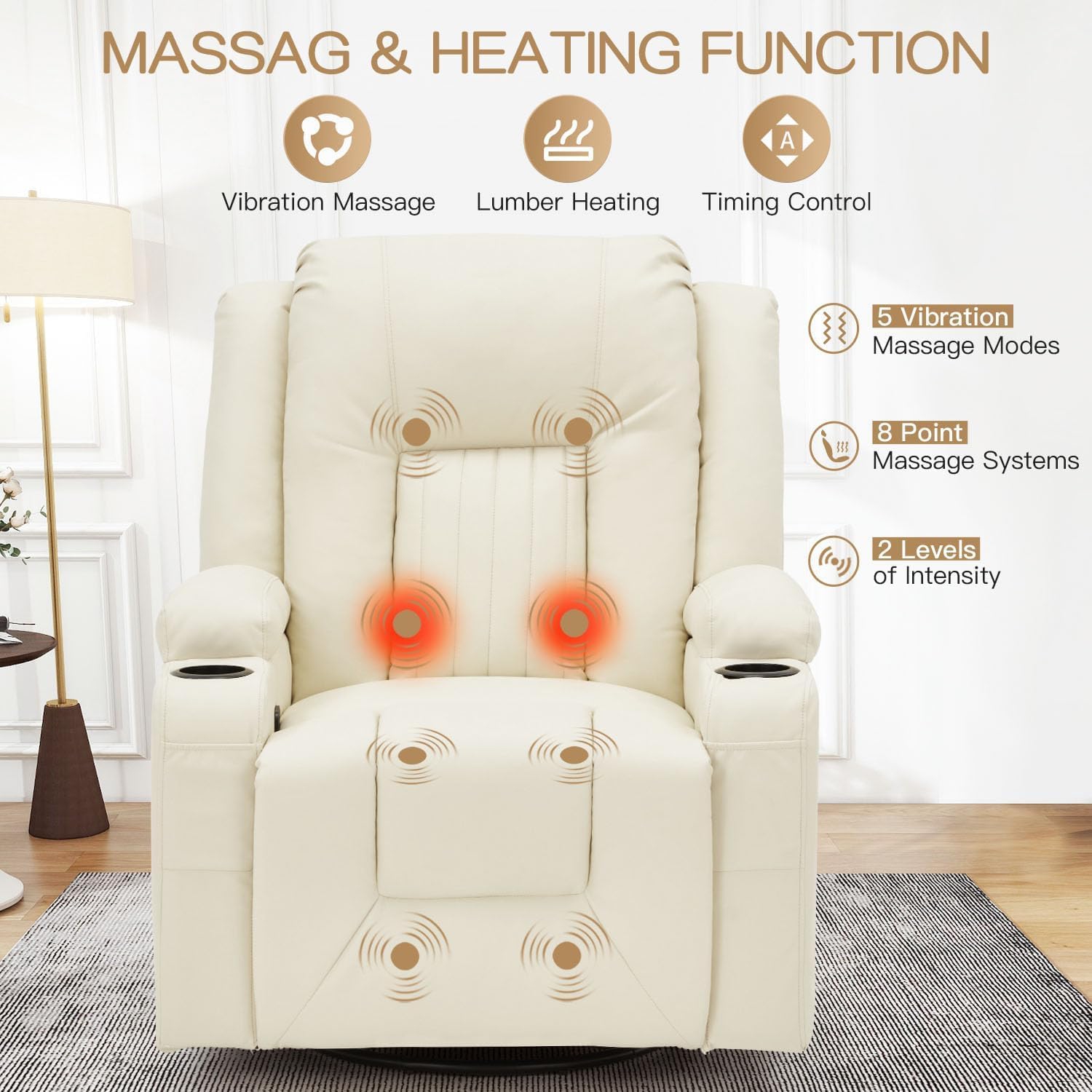 AECOJOY Massage Recliner Manual Chair with Heating & 360° Swivel Rocking Function, Two Cup Holders and Side Pockets, White